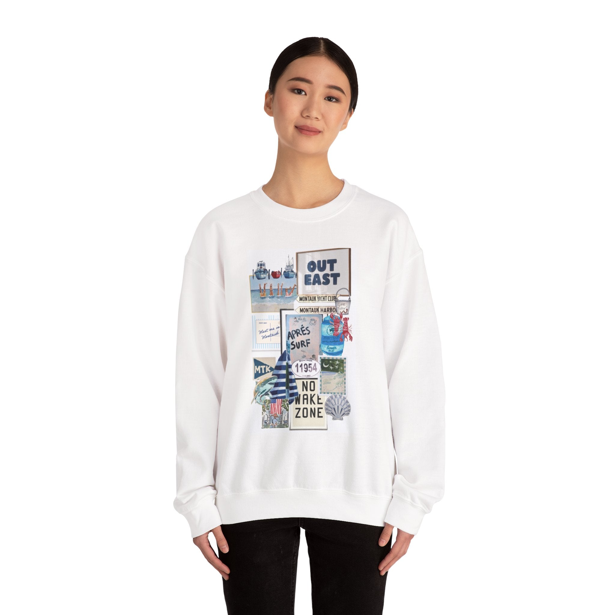 Coastal Collage Sweatshirt — "Out East" Beach Sign Graphic Crewneck