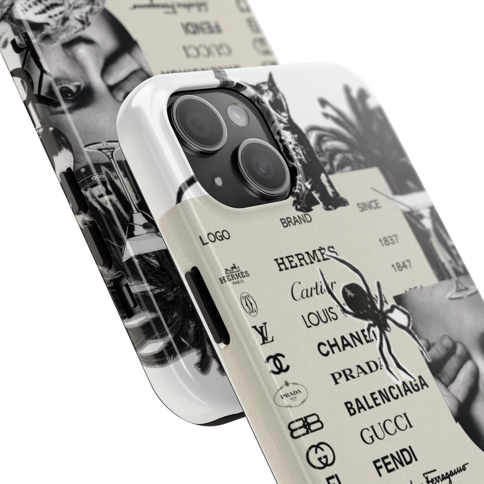 Designer Collage Tough Phone Case — Luxury Logos, Palm Trees & Leopard Art