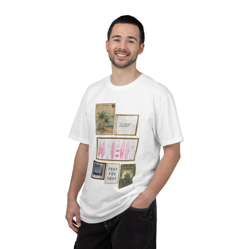 Pray For Surf Collage T-Shirt — Vintage Palm & 'Pray For Surf' Graphic Tee