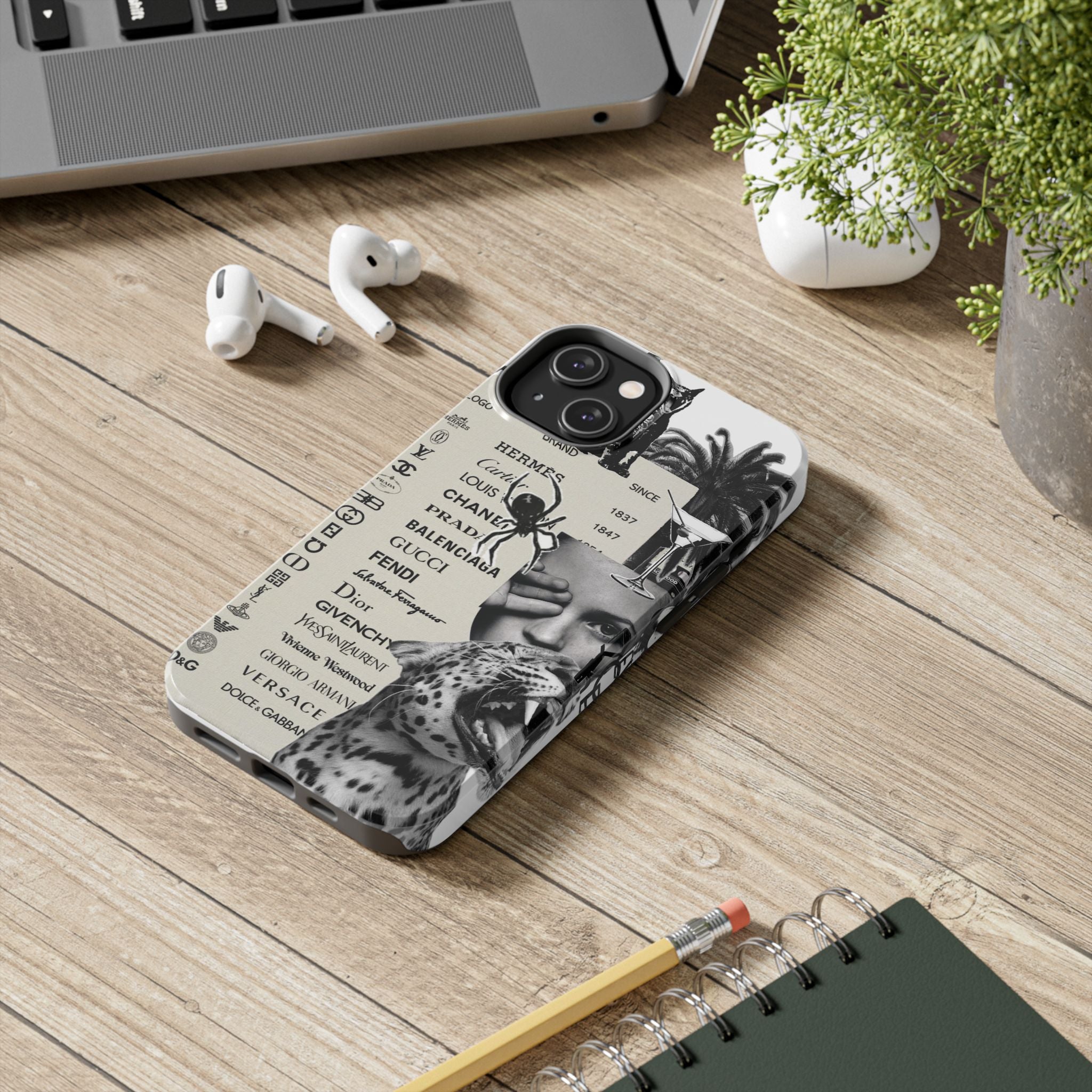 Designer Collage Tough Phone Case — Luxury Logos, Palm Trees & Leopard Art