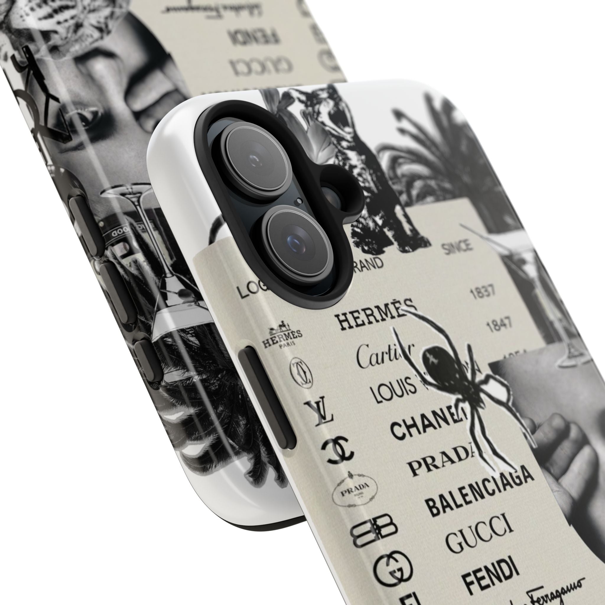 Designer Collage Tough Phone Case — Luxury Logos, Palm Trees & Leopard Art