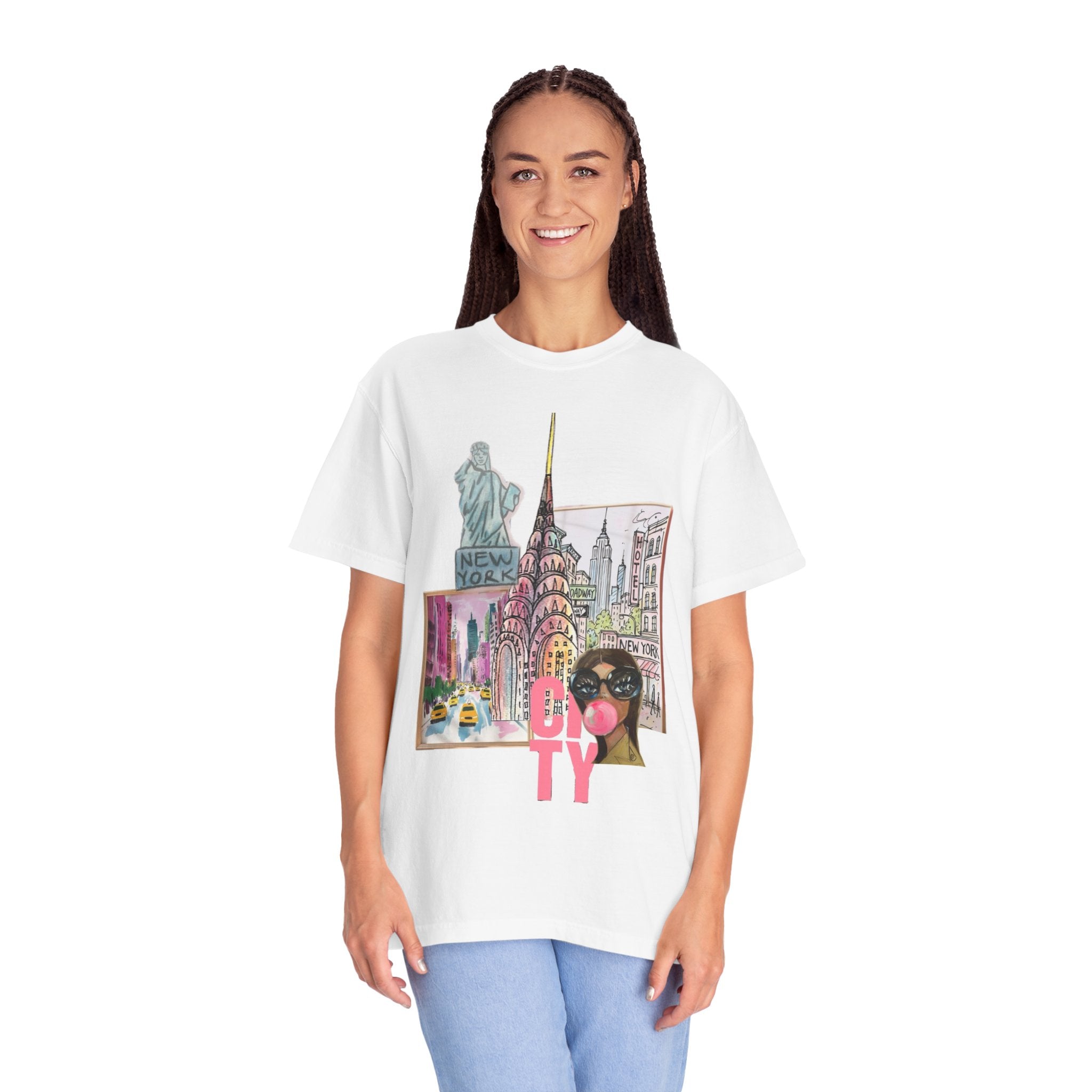NYC Cityscape—Graphic Tee with 'CITY' Pink Script