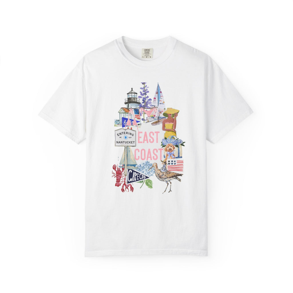 East Coast Collage T-Shirt — Coastal Lighthouse & Beach Icons Graphic Tee