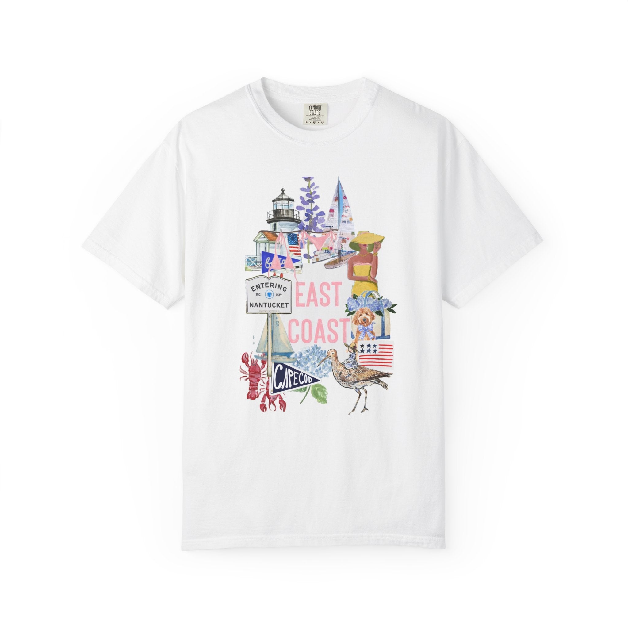 East Coast Collage T-Shirt — Coastal Lighthouse & Beach Icons Graphic Tee