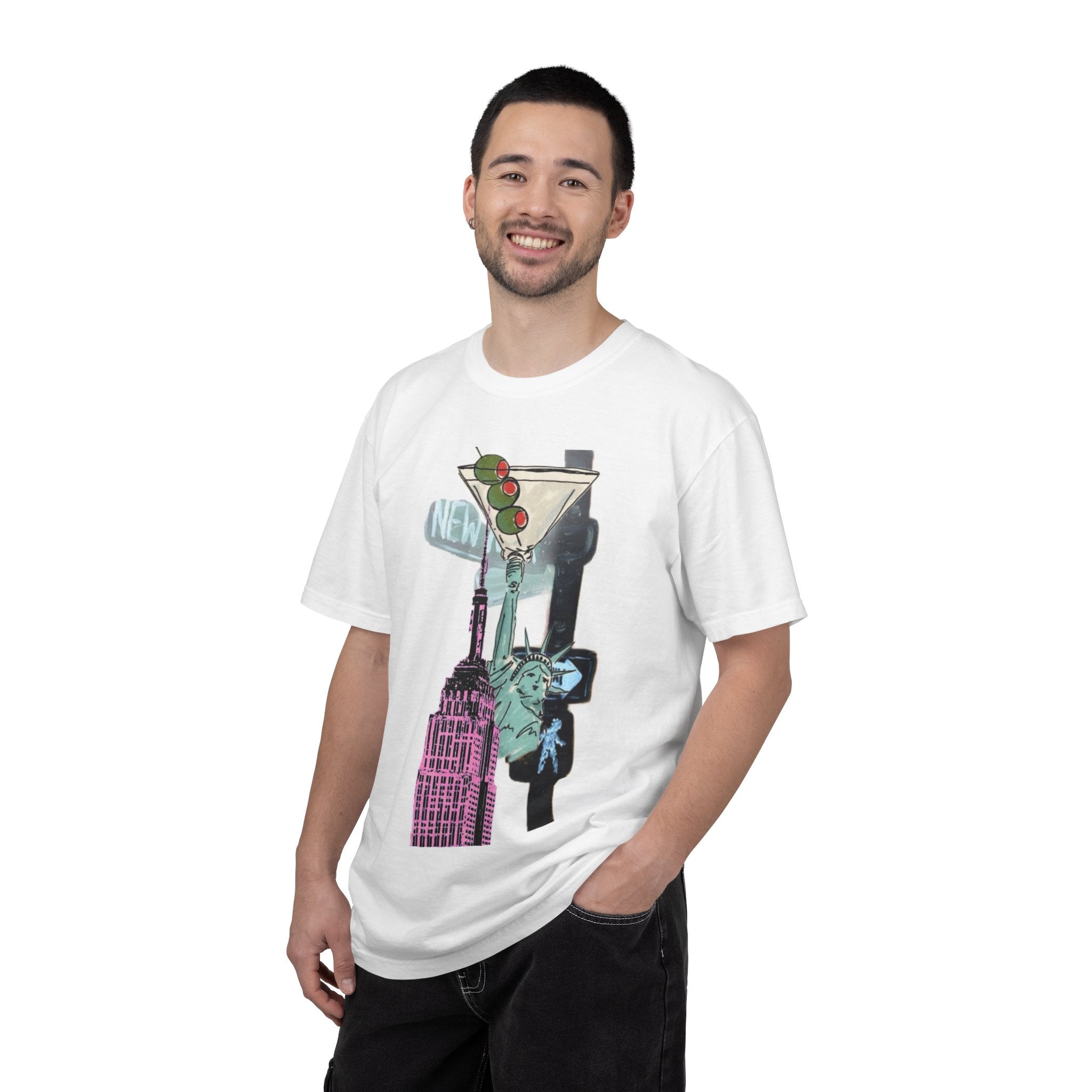 New York Cocktail Graphic T-Shirt — Statue of Liberty & Empire State Design