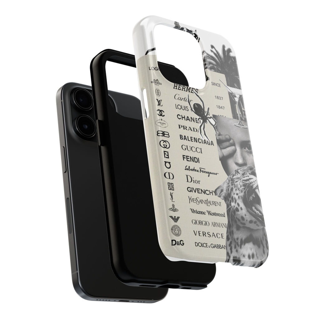 Designer Collage Tough Phone Case — Luxury Logos, Palm Trees & Leopard Art