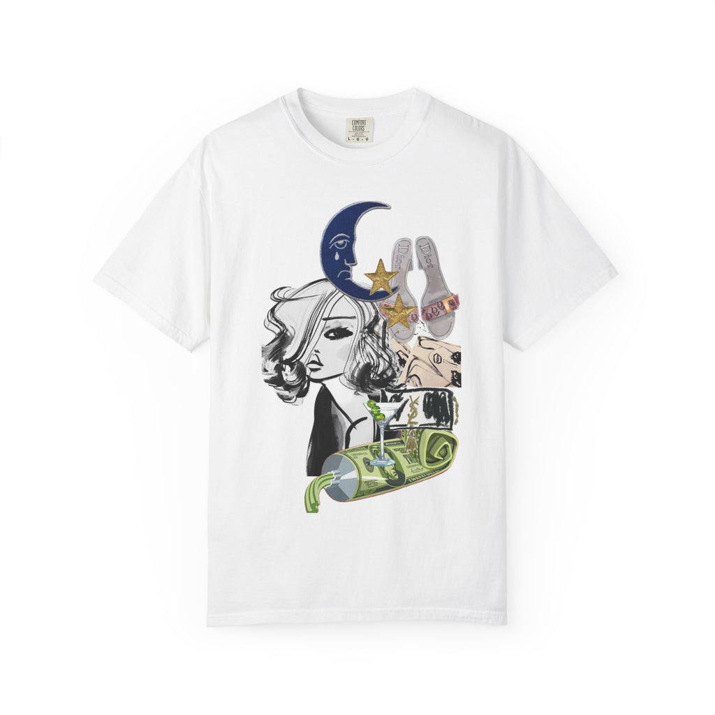 Graphic T-Shirt — Retro Collage Moon, Woman & Money Art Tee