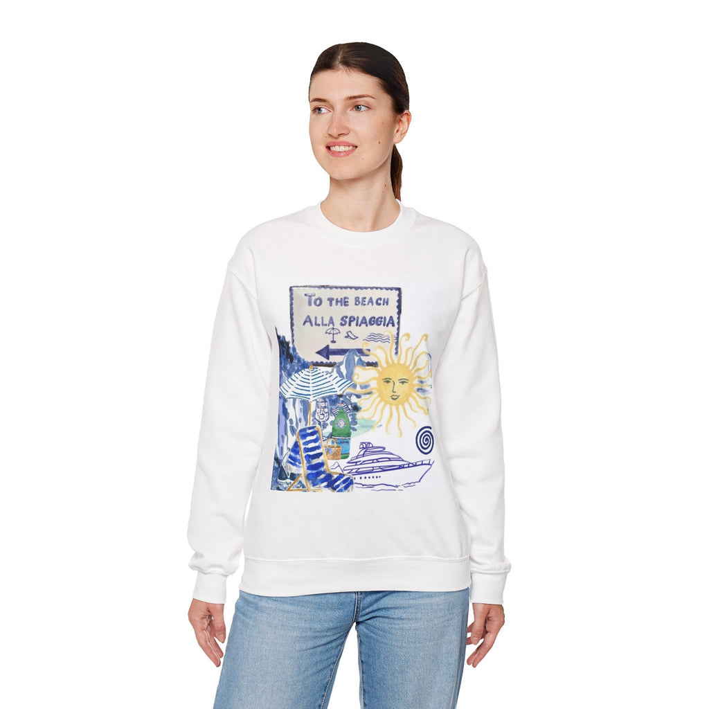 Beach Road Crewneck Sweatshirt — 'To the Beach / Alla Spiaggia' Vintage Sun Graphic