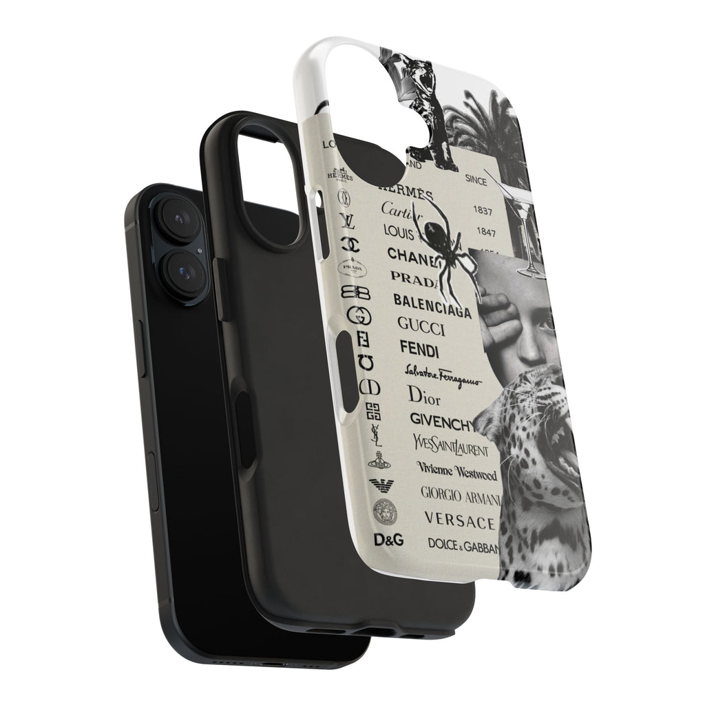 Designer Collage Tough Phone Case — Luxury Logos, Palm Trees & Leopard Art