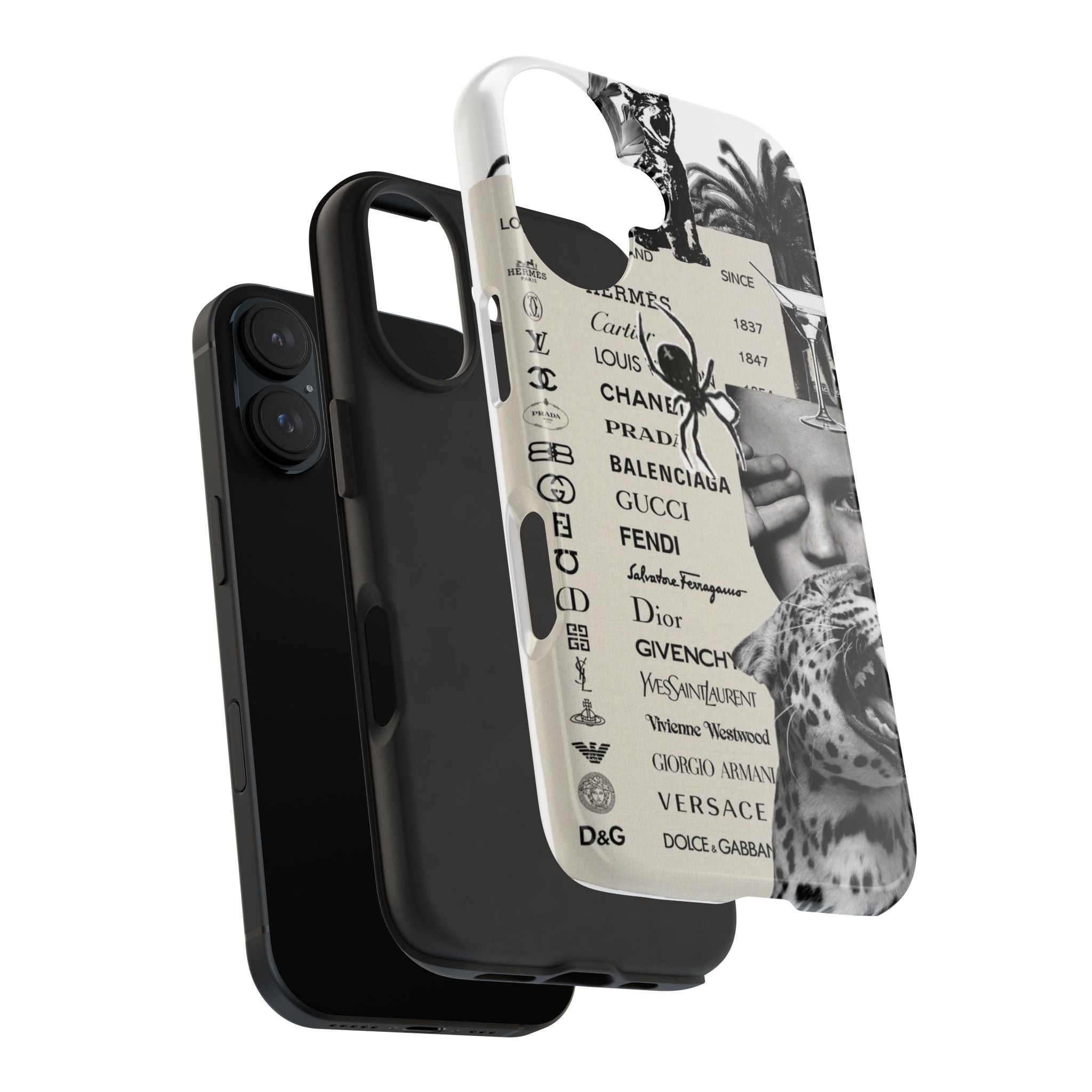 Designer Collage Tough Phone Case — Luxury Logos, Palm Trees & Leopard Art