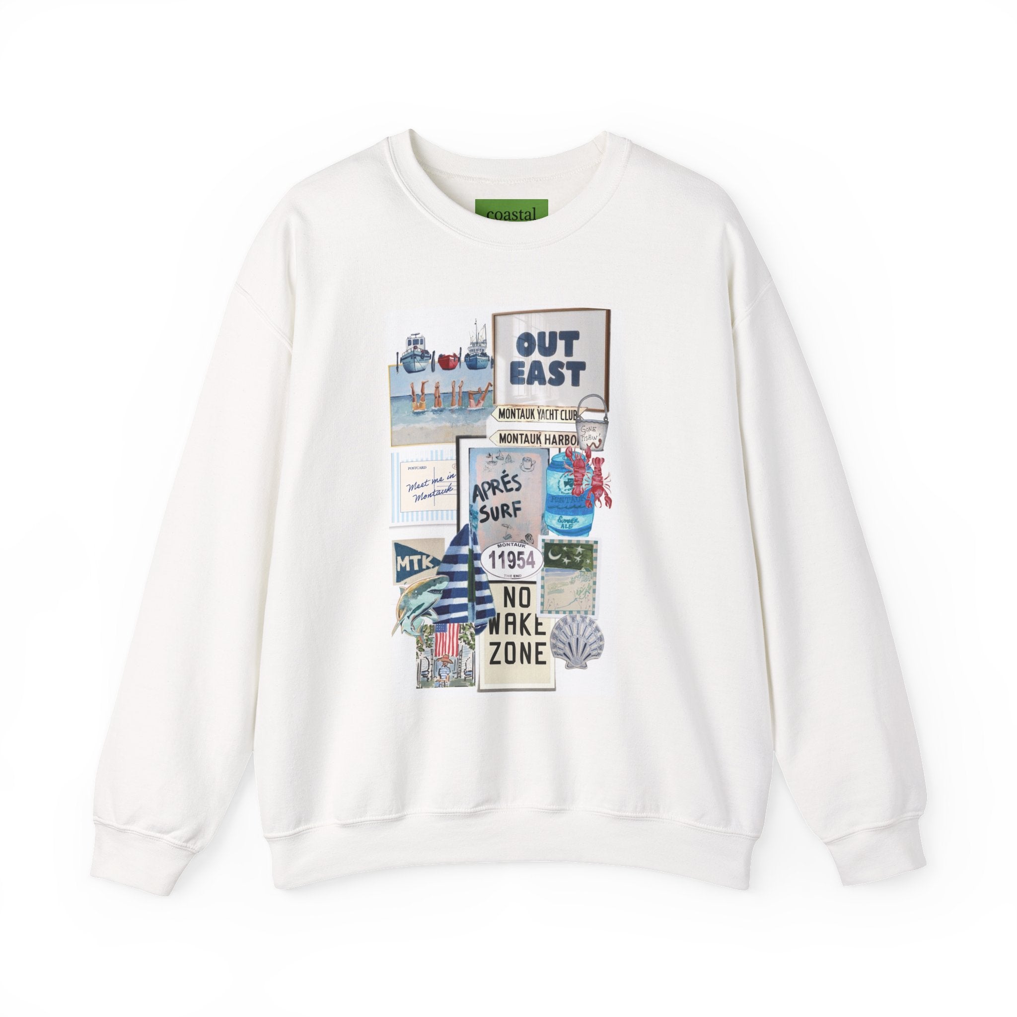Coastal Collage Sweatshirt — "Out East" Beach Sign Graphic Crewneck