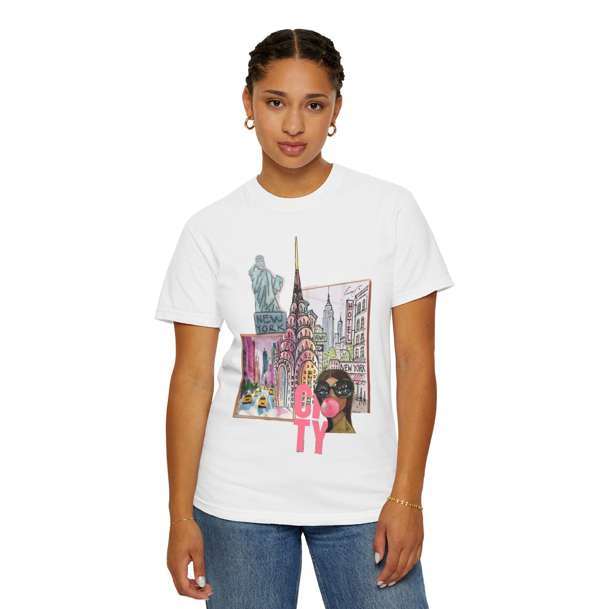 NYC Cityscape—Graphic Tee with 'CITY' Pink Script
