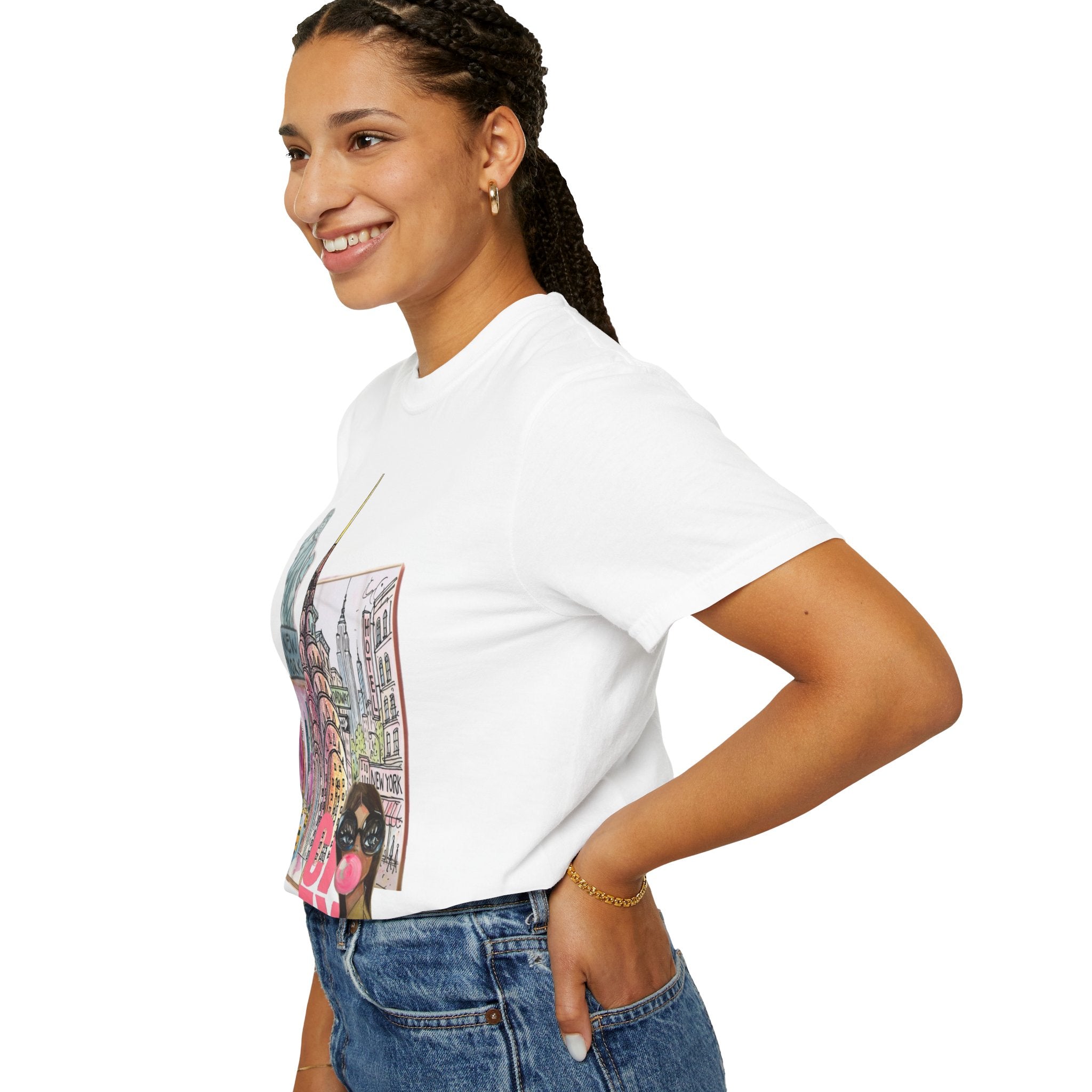 NYC Cityscape—Graphic Tee with 'CITY' Pink Script