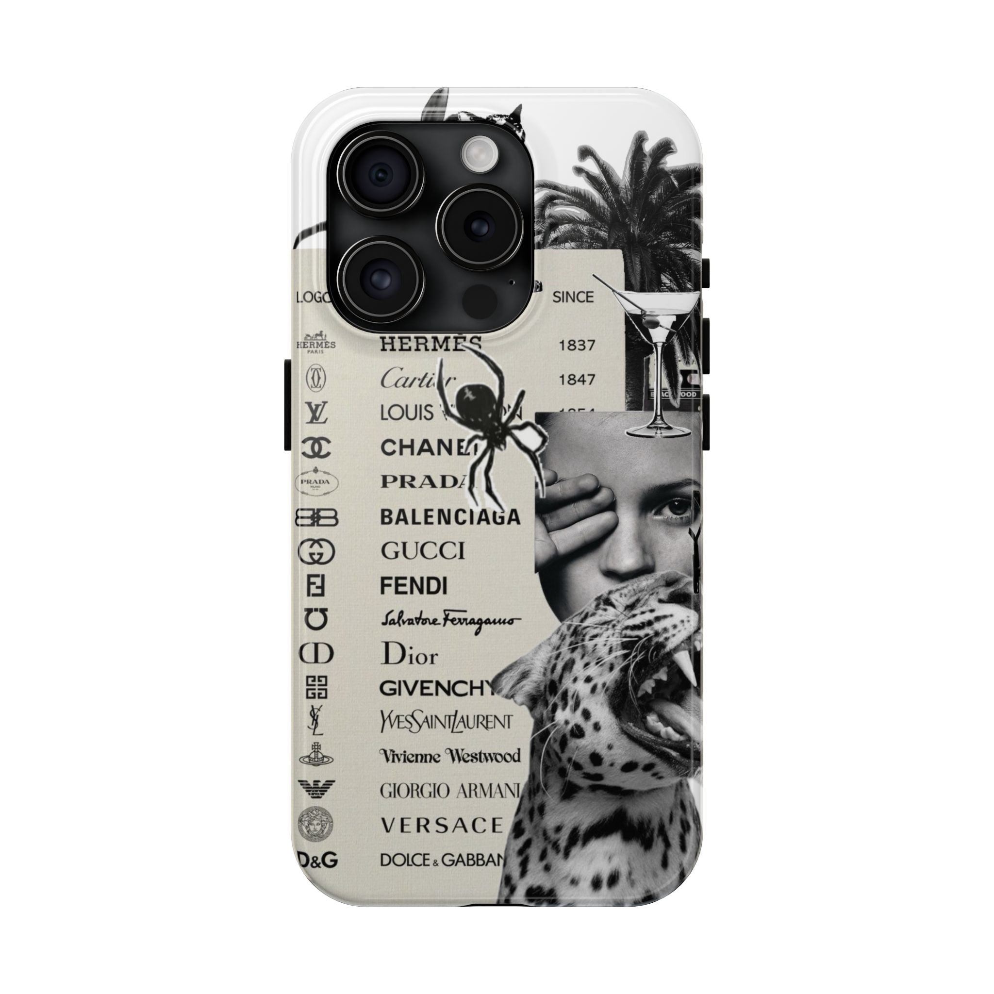 Designer Collage Tough Phone Case — Luxury Logos, Palm Trees & Leopard Art