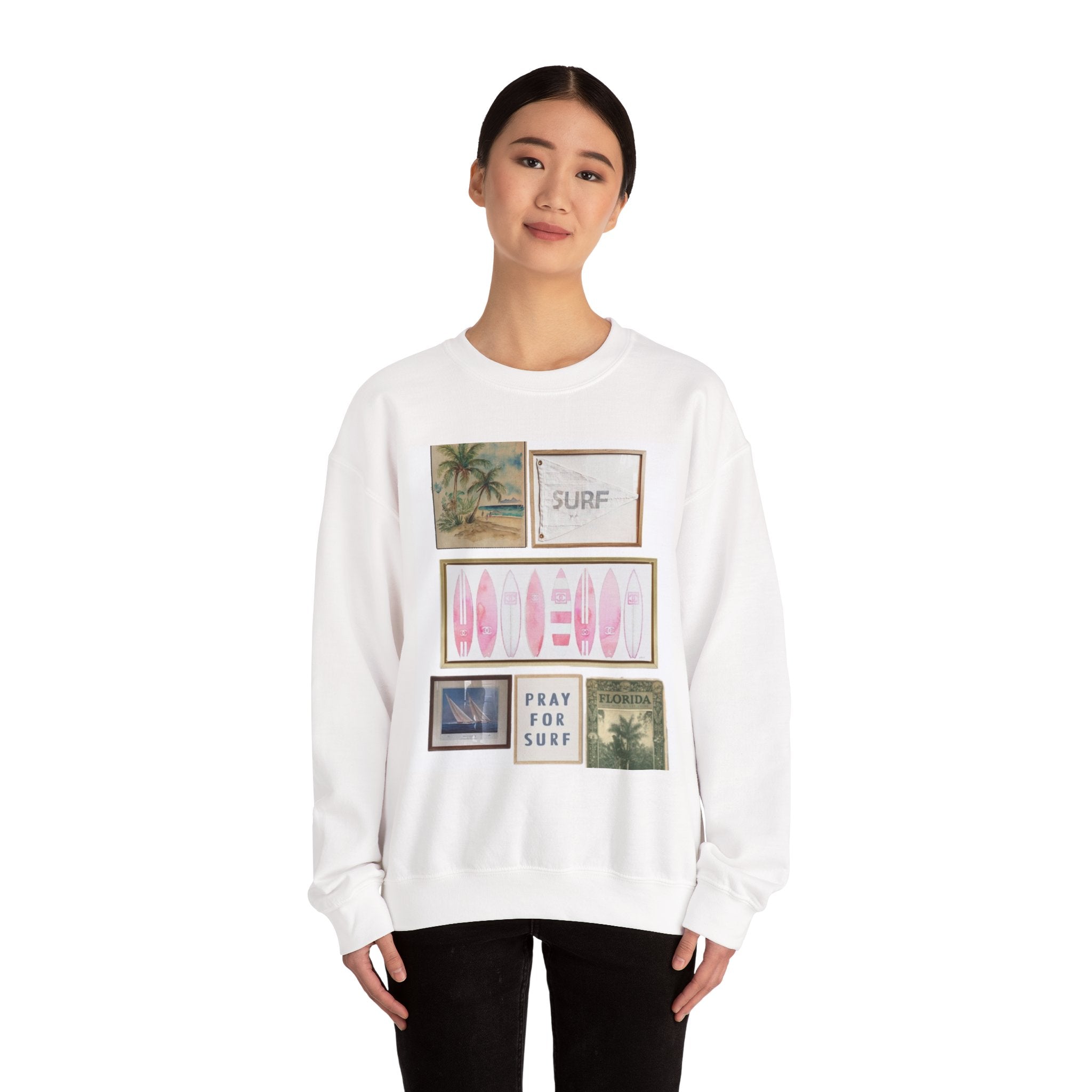 Surf Collage Crewneck Sweatshirt — Vintage Beach Surfboard Prints