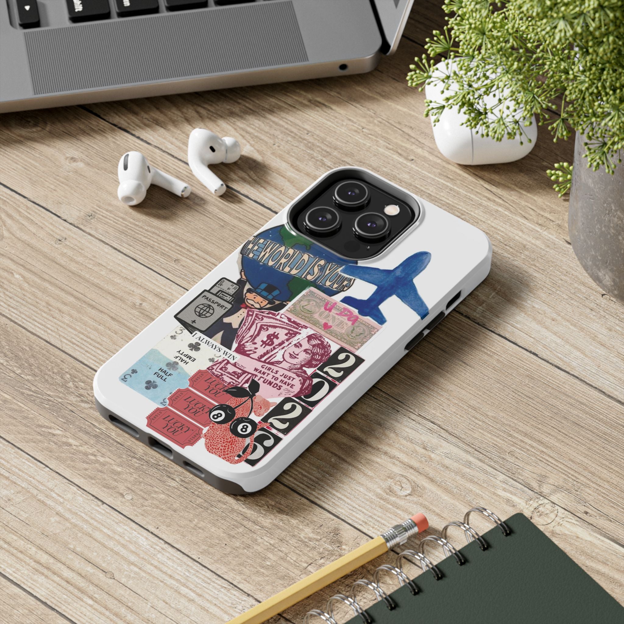 Tough Phone Case — Travel Collage Design with Plane, Passport & 2026 Graphics