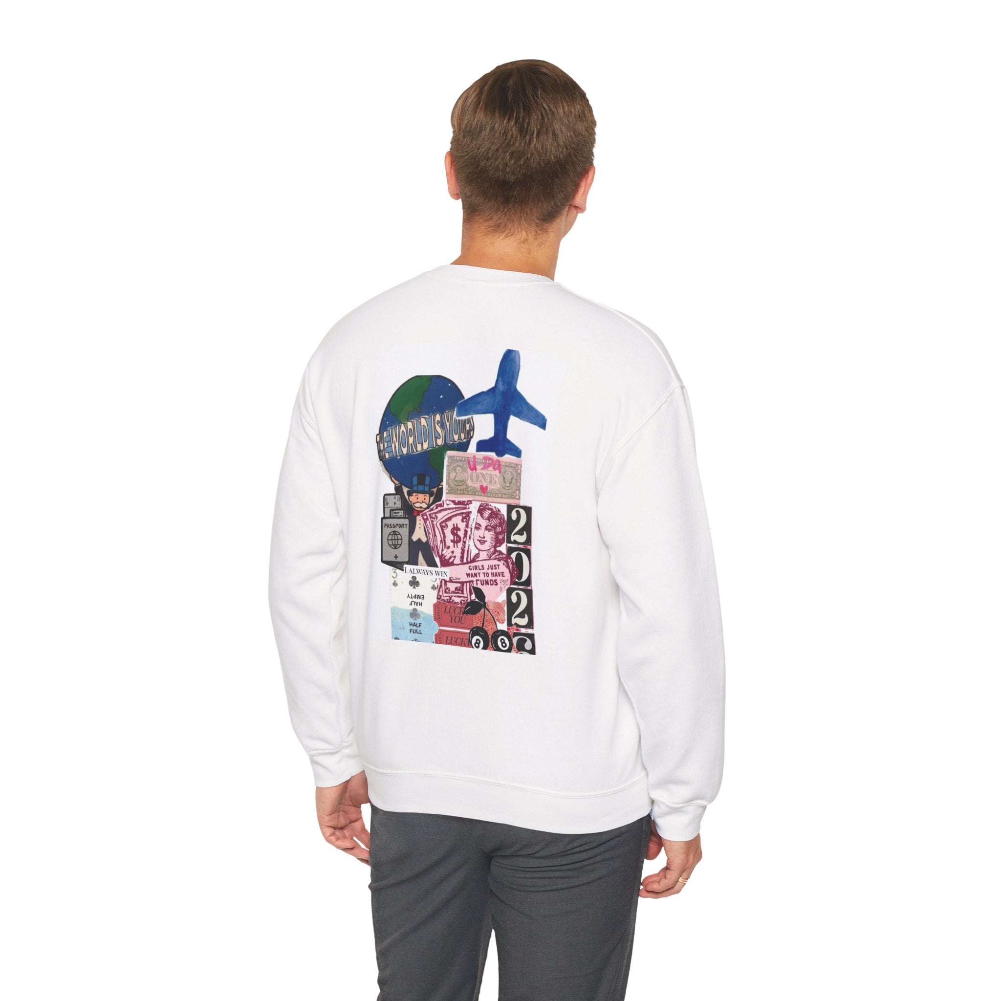 Travel Collage Crewneck Sweatshirt — Vintage Ticket & Airplane Graphic