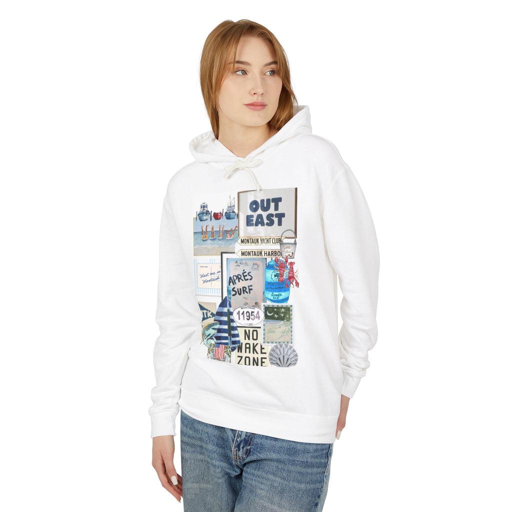 Coastal Collage Hoodie — 'Out East' Surf & No Wake Zone Graphic