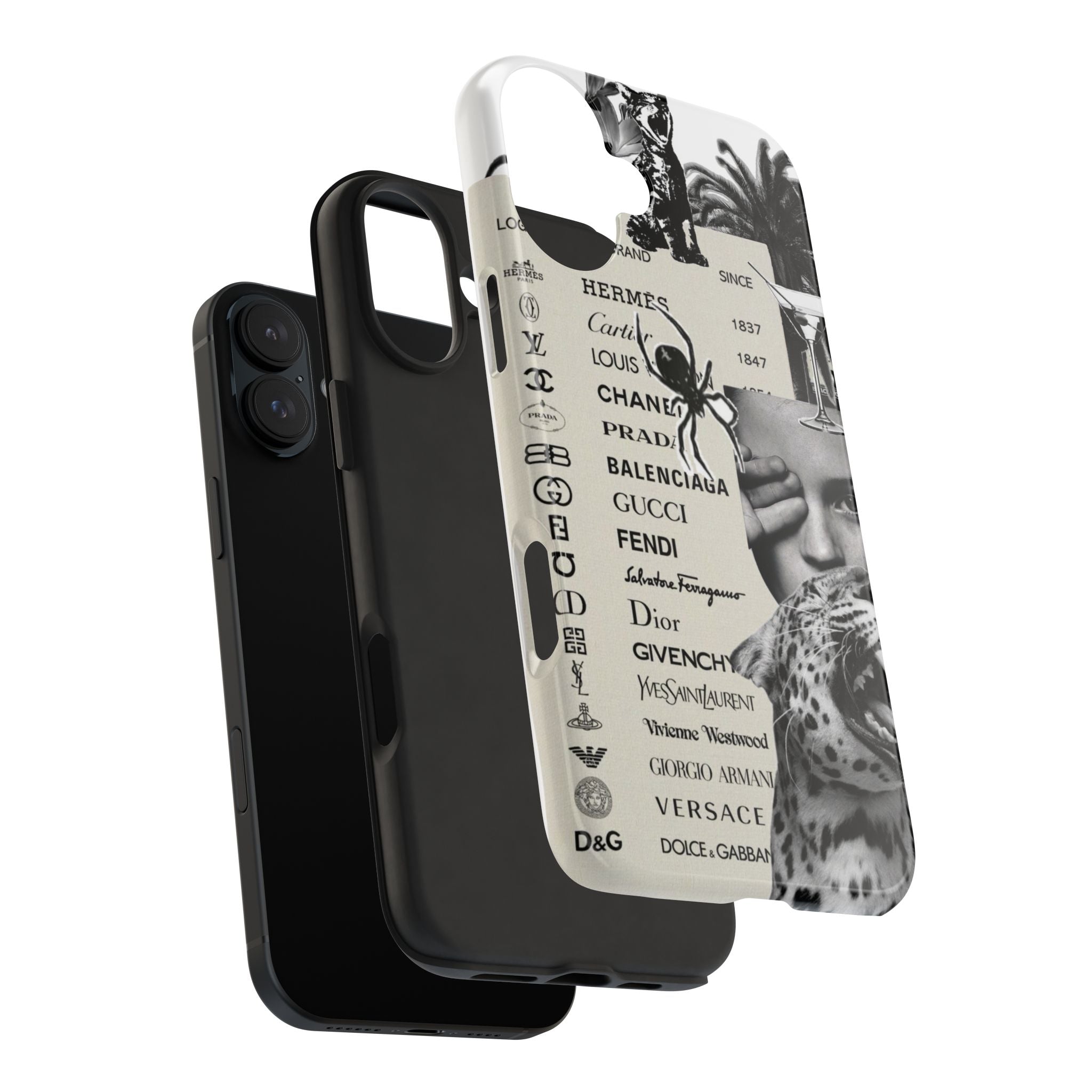 Designer Collage Tough Phone Case — Luxury Logos, Palm Trees & Leopard Art