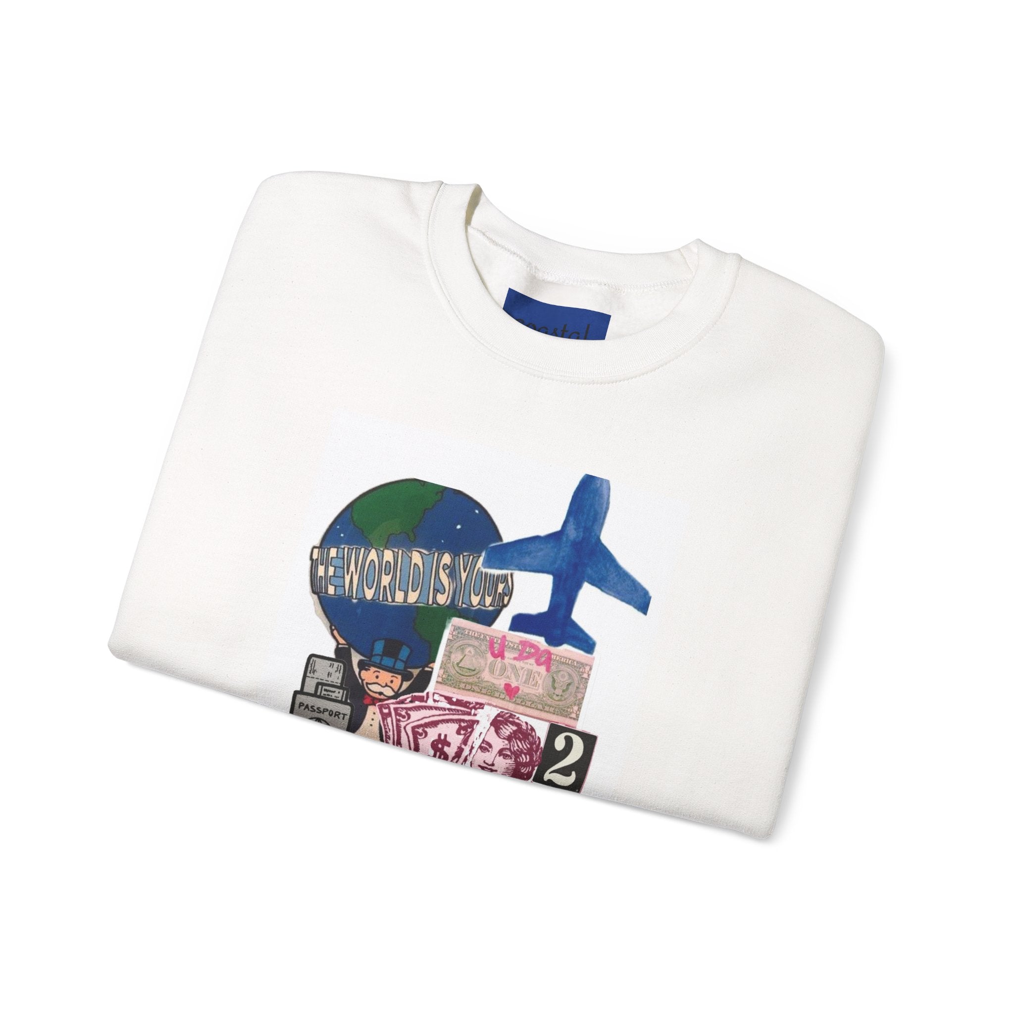 Travel Collage Crewneck Sweatshirt — Vintage Ticket & Airplane Graphic