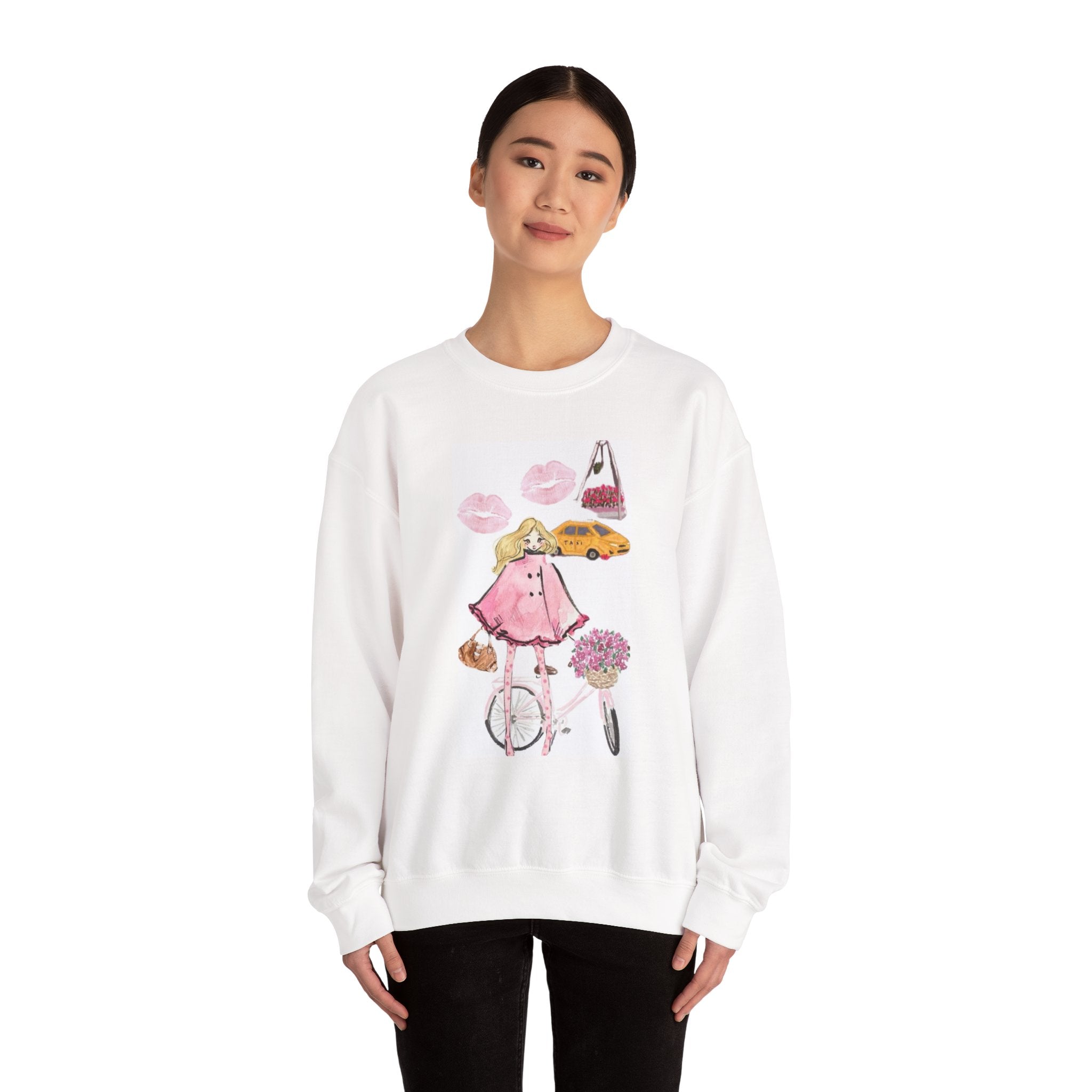 Crewneck Sweatshirt — 'Petals on Park Avenue' Pink Bicycle Floral Graphic