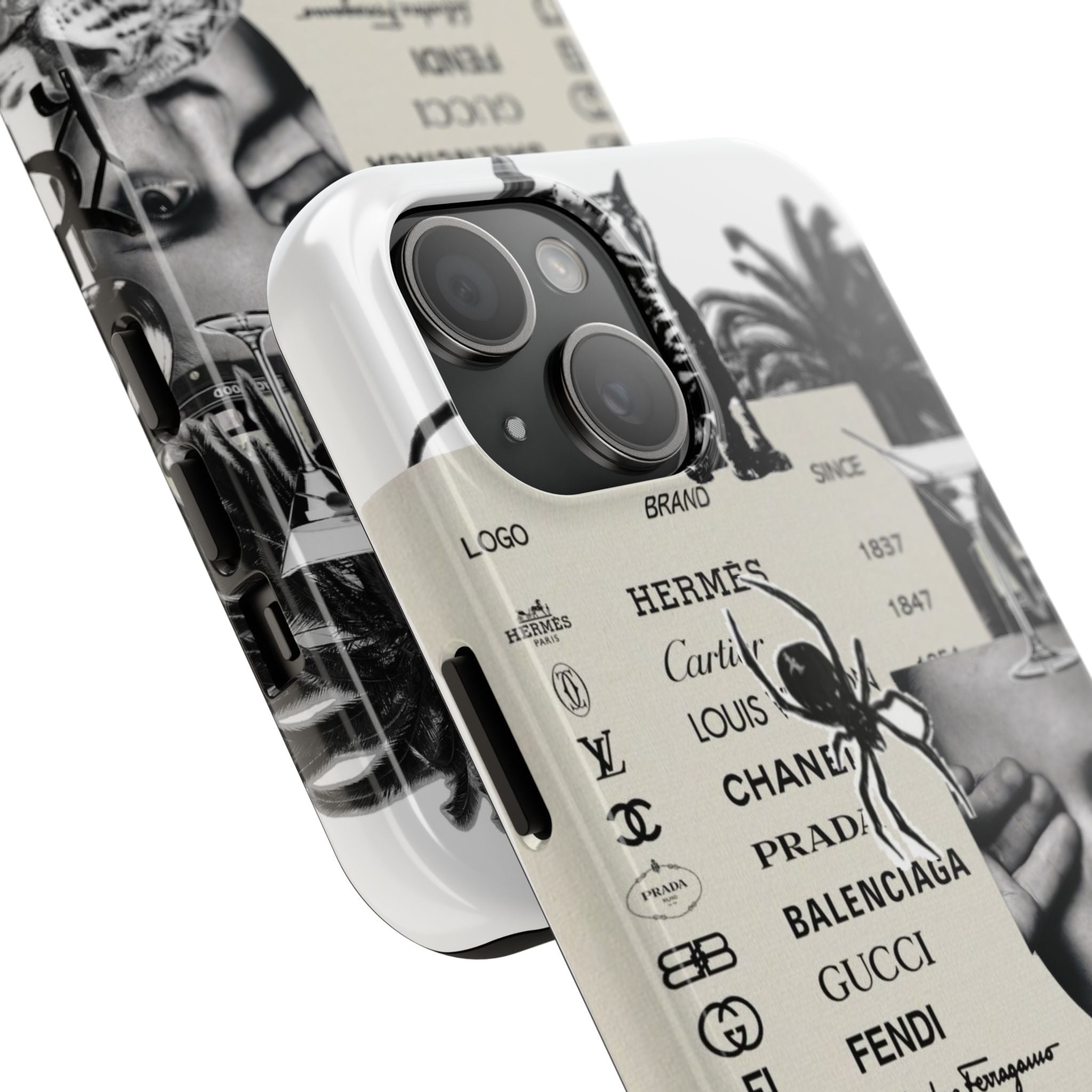 Designer Collage Tough Phone Case — Luxury Logos, Palm Trees & Leopard Art