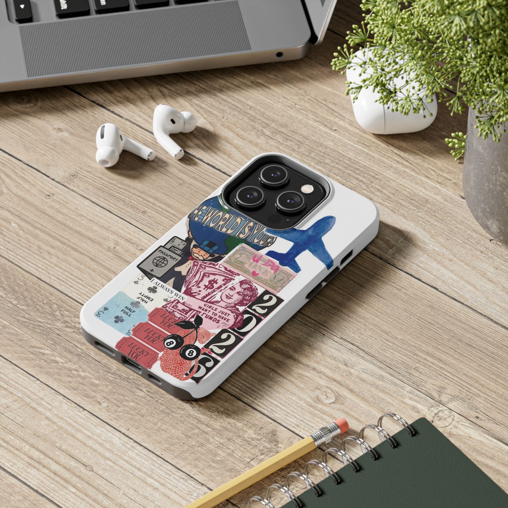 Tough Phone Case — Travel Collage Design with Plane, Passport & 2026 Graphics