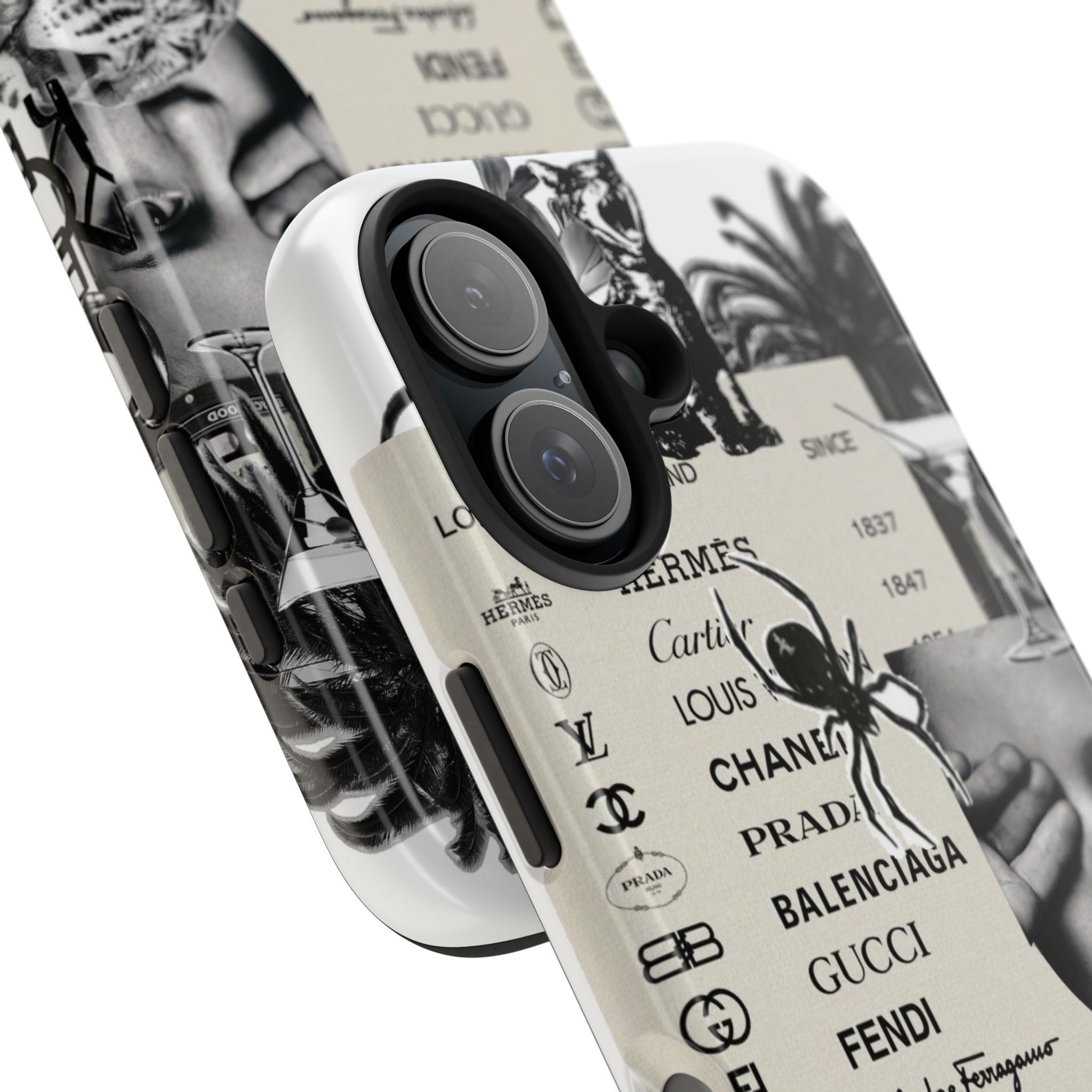 Designer Collage Tough Phone Case — Luxury Logos, Palm Trees & Leopard Art