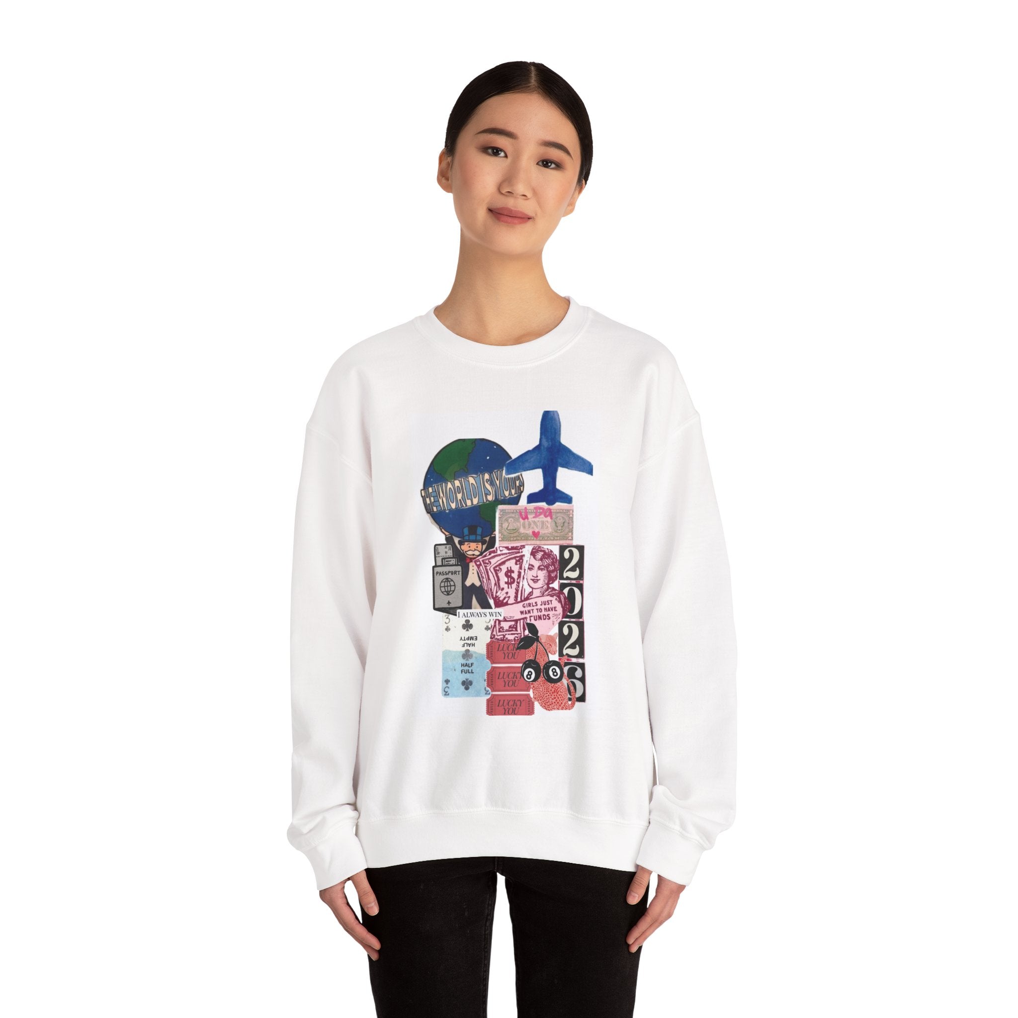 Travel Collage Crewneck Sweatshirt — Vintage Ticket & Airplane Graphic