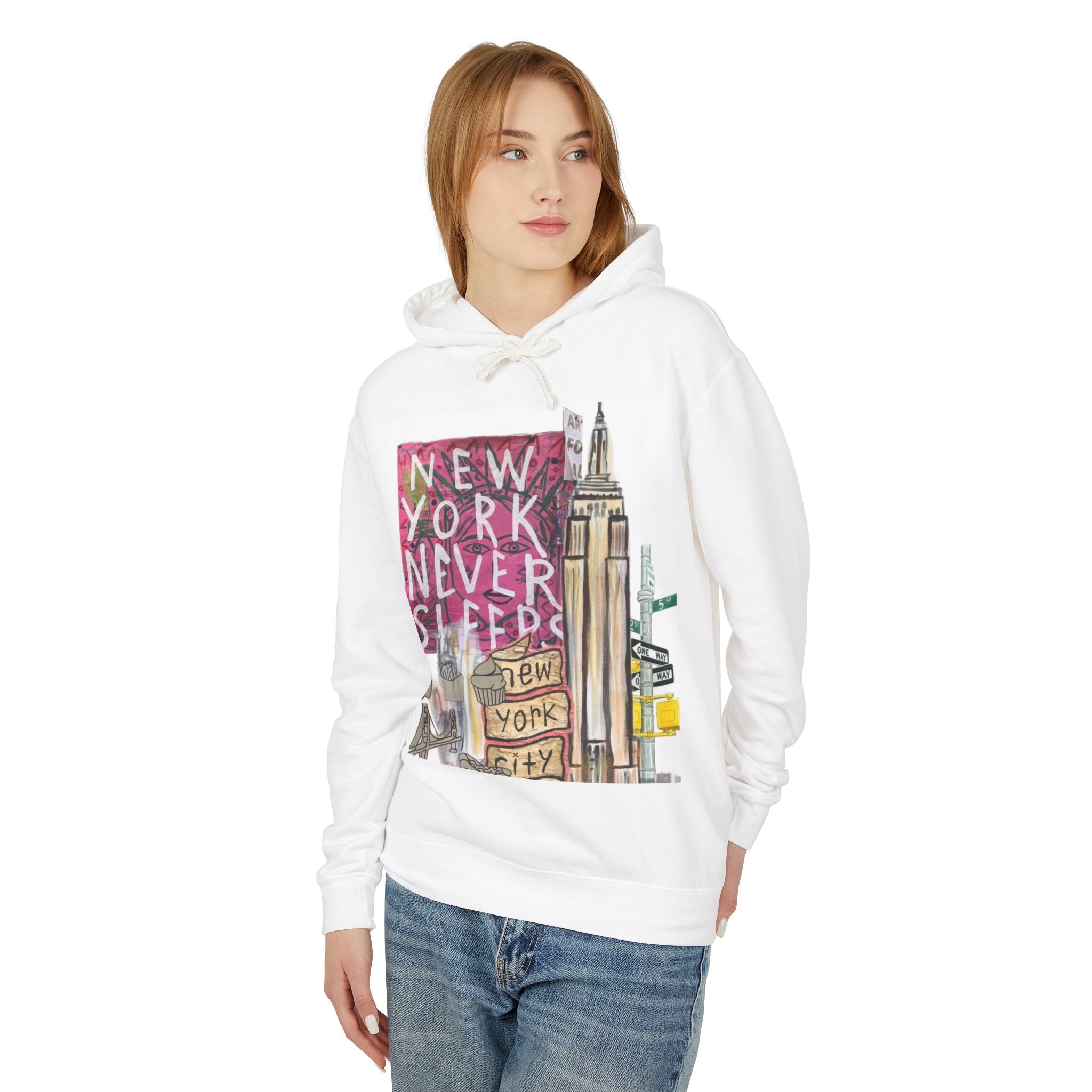 New York Never Sleeps Hoodie – Cityscape Graphic Hooded Sweatshirt