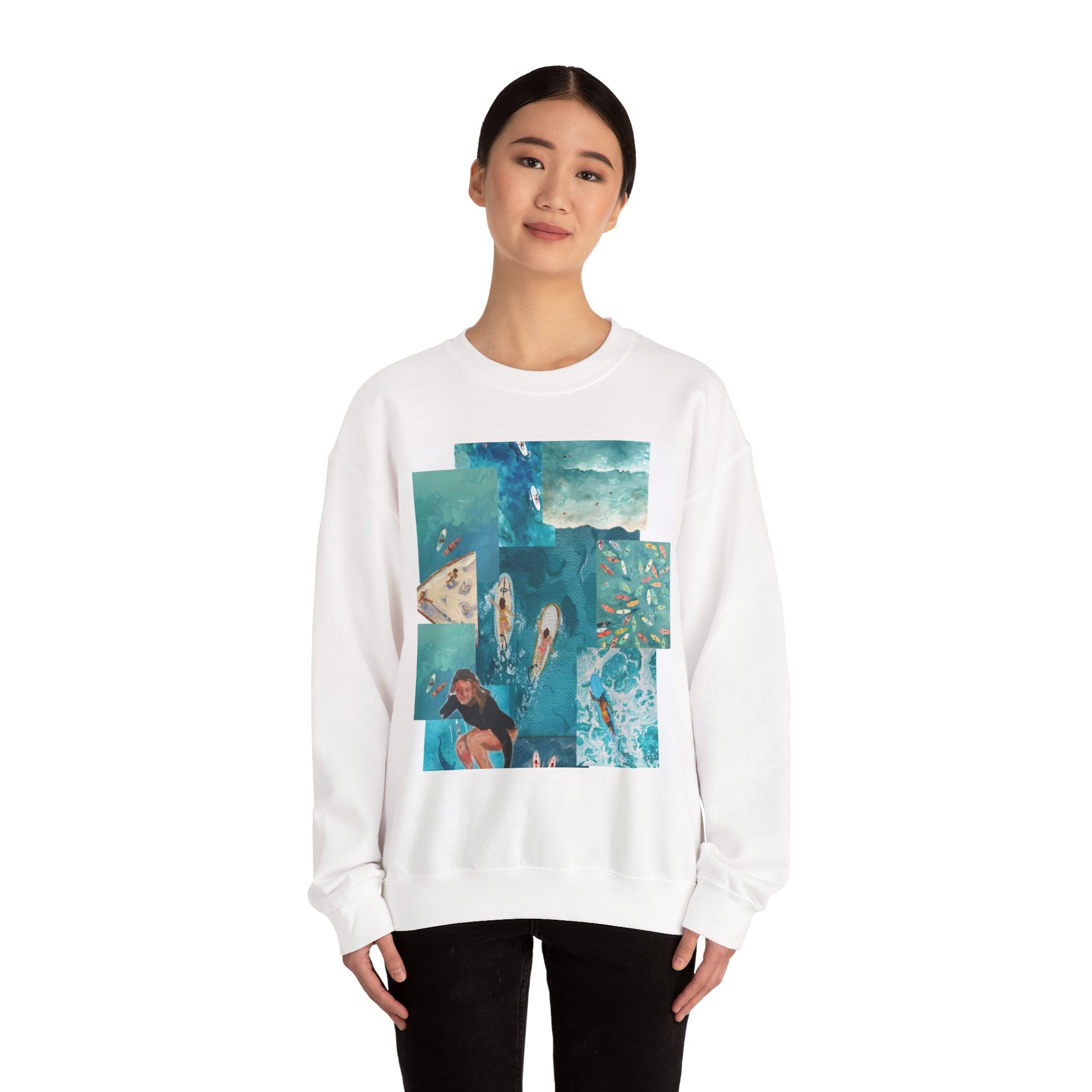 Ocean Collage Crewneck Sweatshirt — Surfer & Waves Graphic