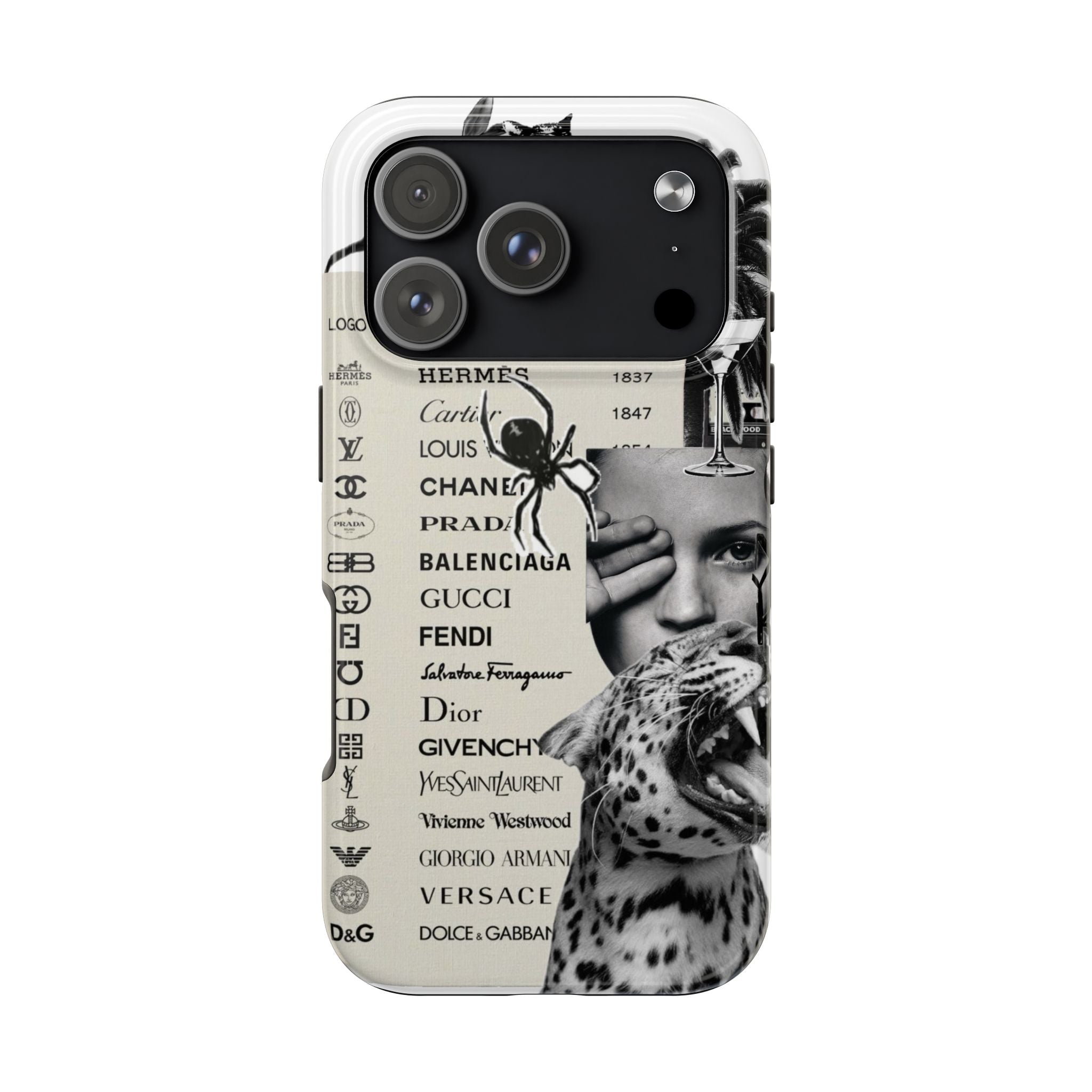 Designer Collage Tough Phone Case — Luxury Logos, Palm Trees & Leopard Art