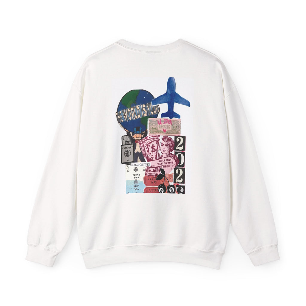 Travel Collage Crewneck Sweatshirt — Vintage Ticket & Airplane Graphic