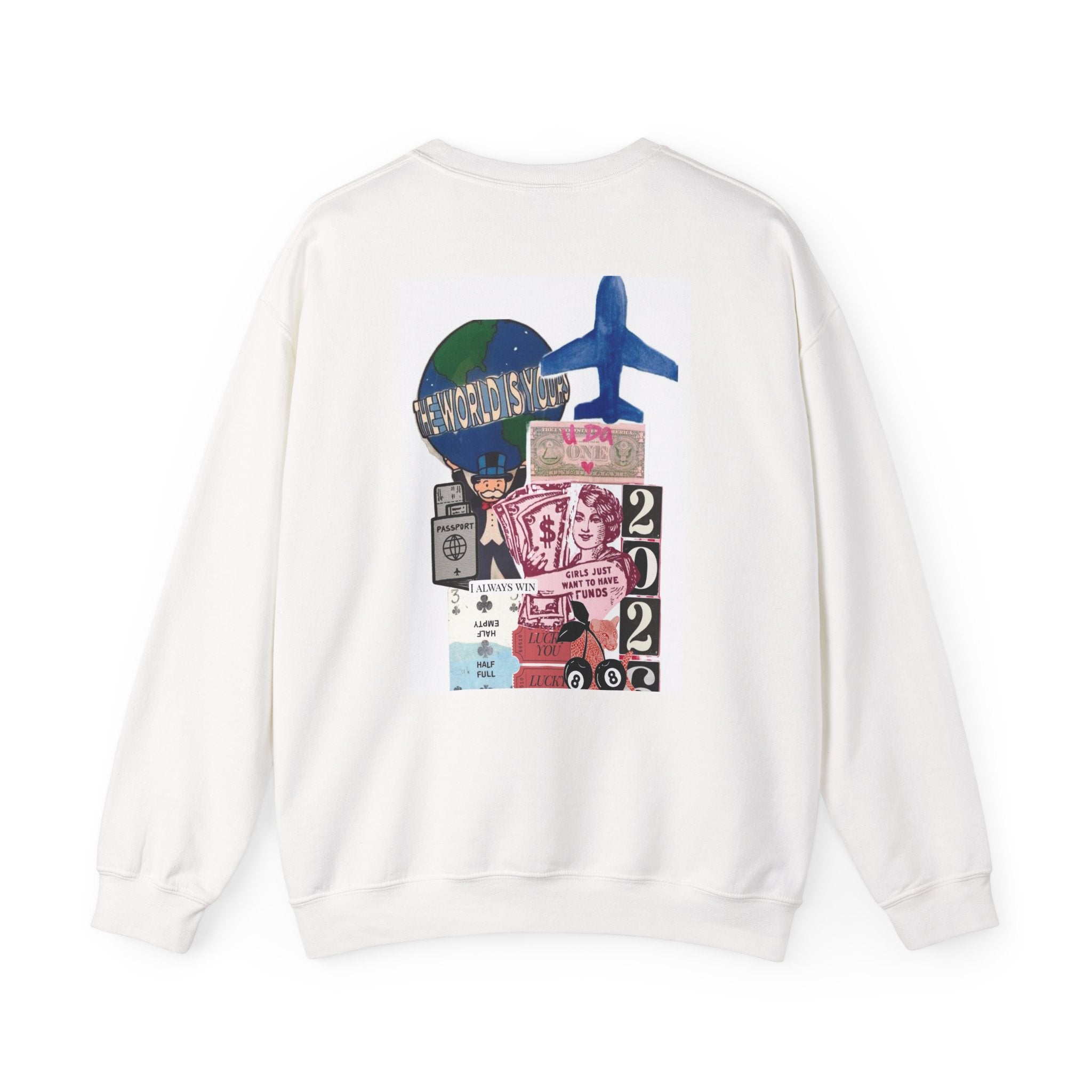 Travel Collage Crewneck Sweatshirt — Vintage Ticket & Airplane Graphic