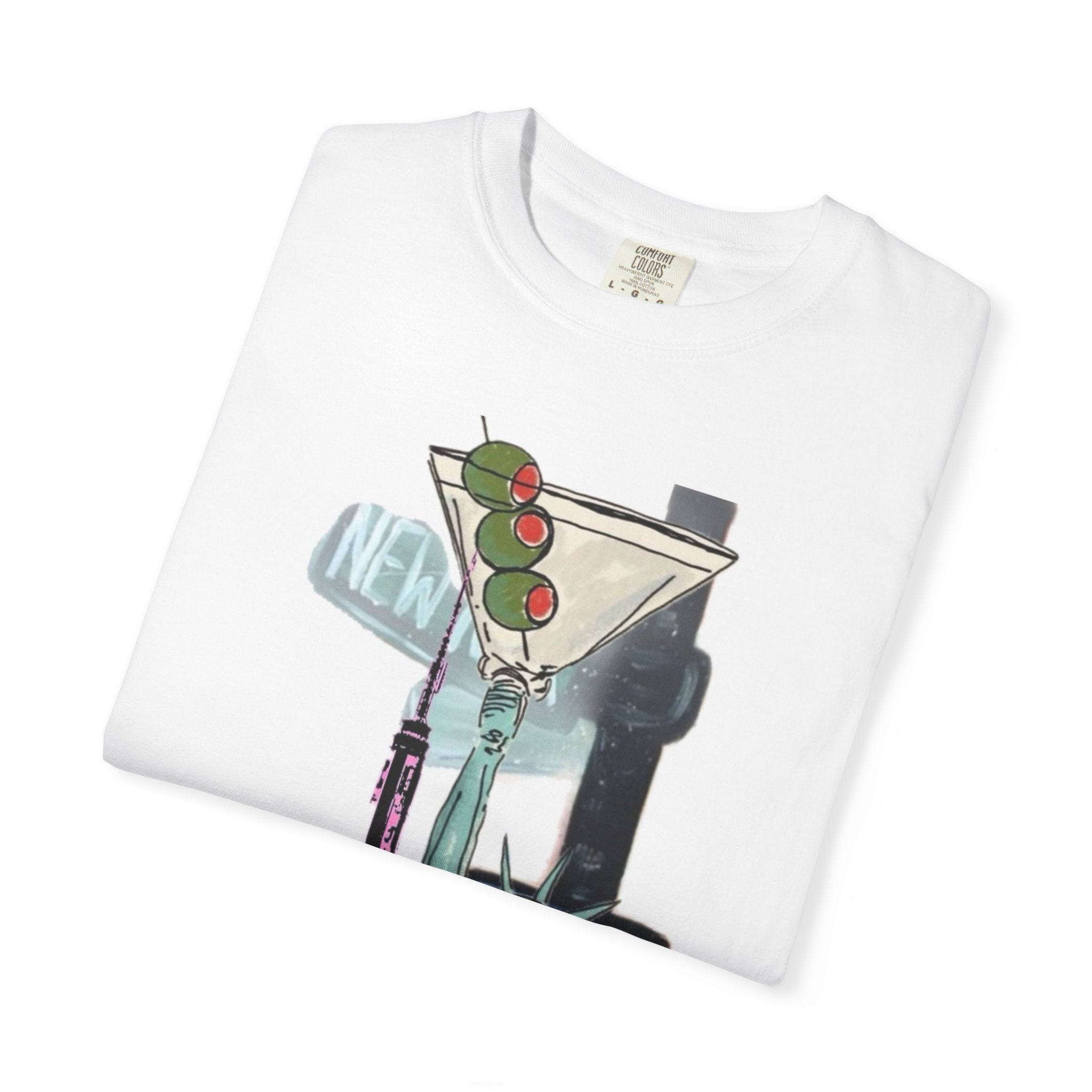 New York Cocktail Graphic T-Shirt — Statue of Liberty & Empire State Design