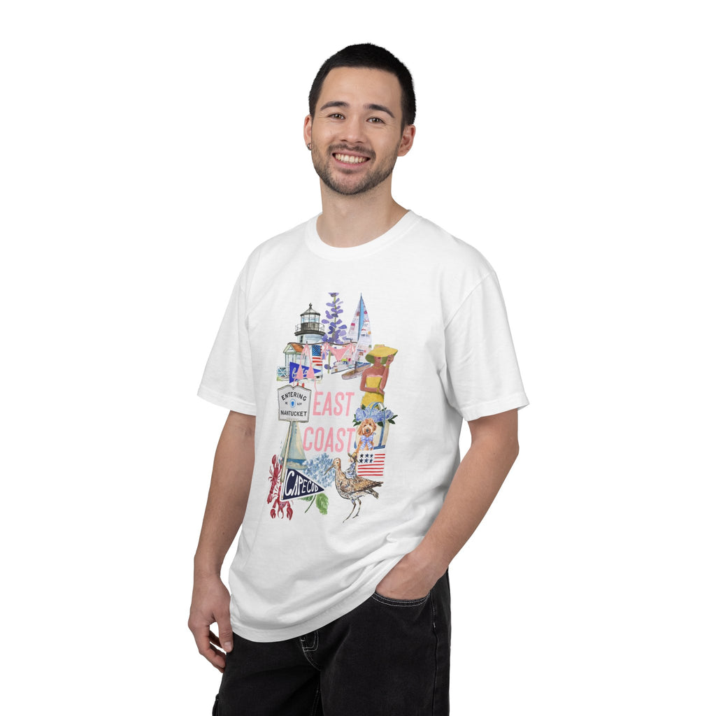East Coast Collage T-Shirt — Coastal Lighthouse & Beach Icons Graphic Tee