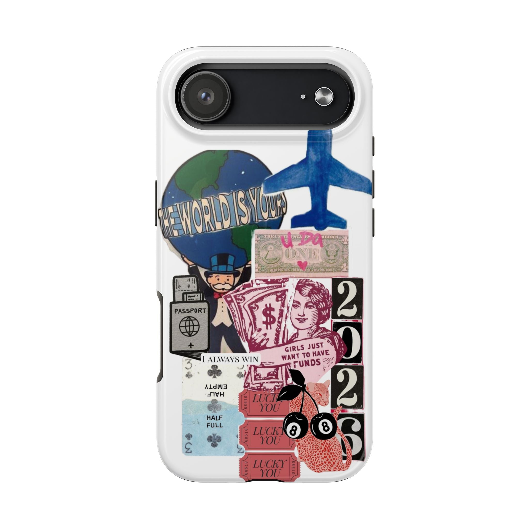 Tough Phone Case — Travel Collage Design with Plane, Passport & 2026 Graphics