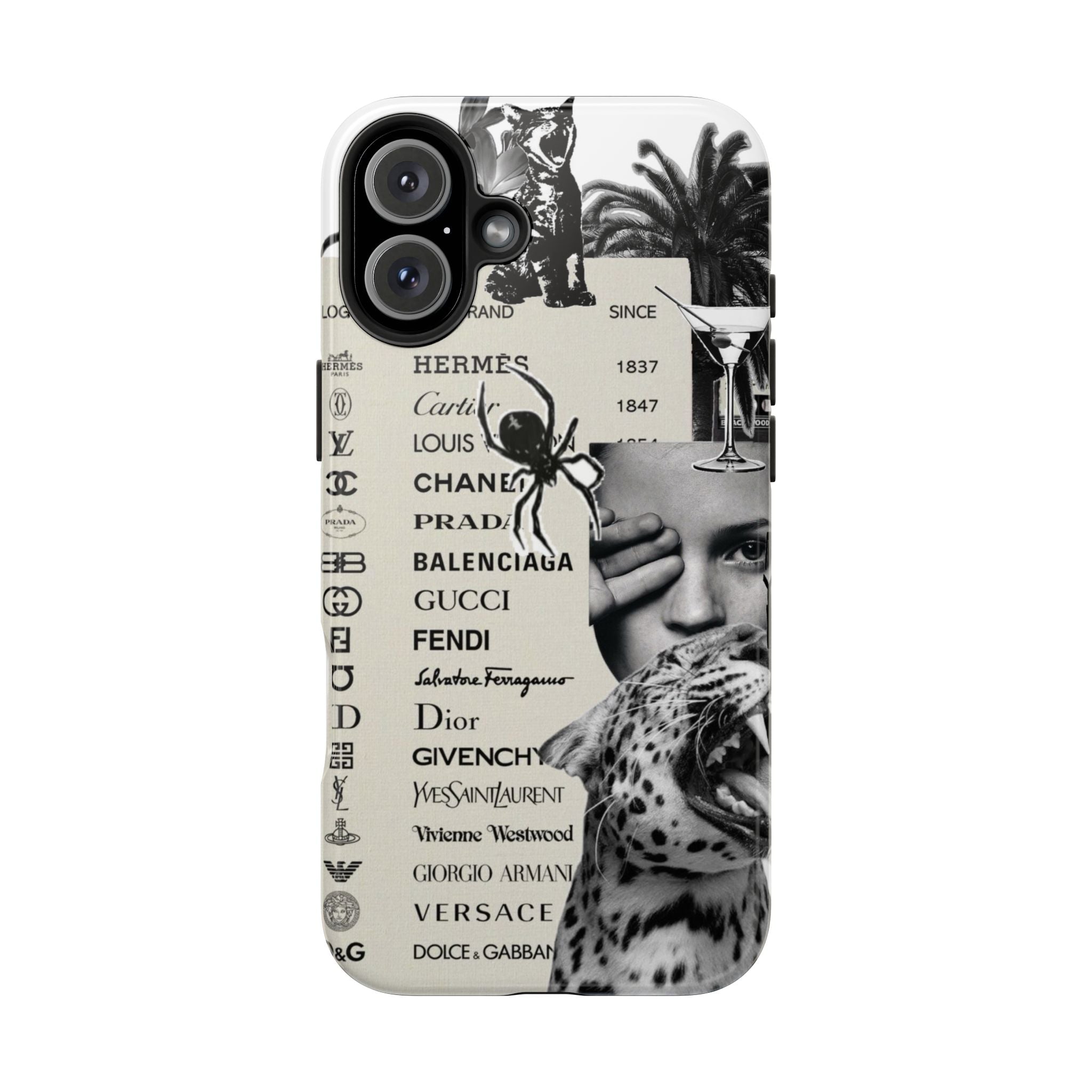 Designer Collage Tough Phone Case — Luxury Logos, Palm Trees & Leopard Art