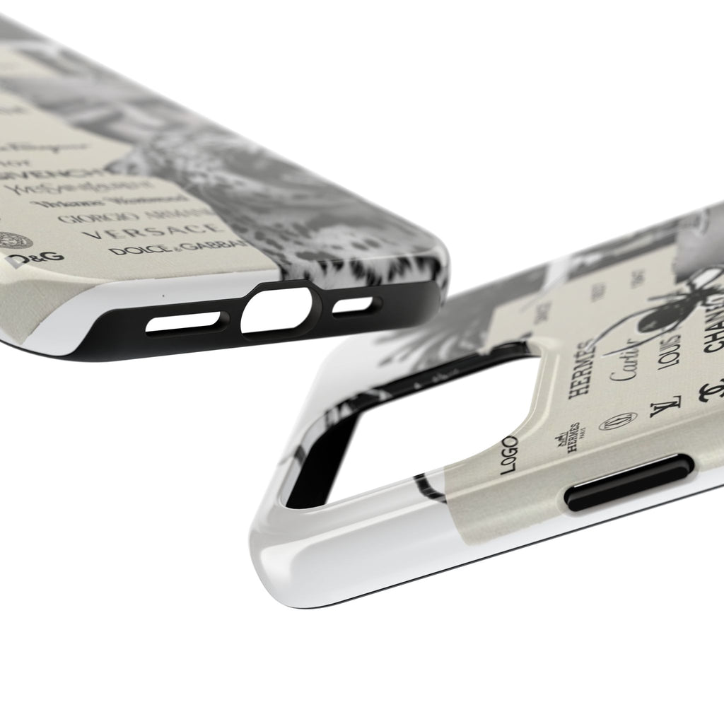 Designer Collage Tough Phone Case — Luxury Logos, Palm Trees & Leopard Art
