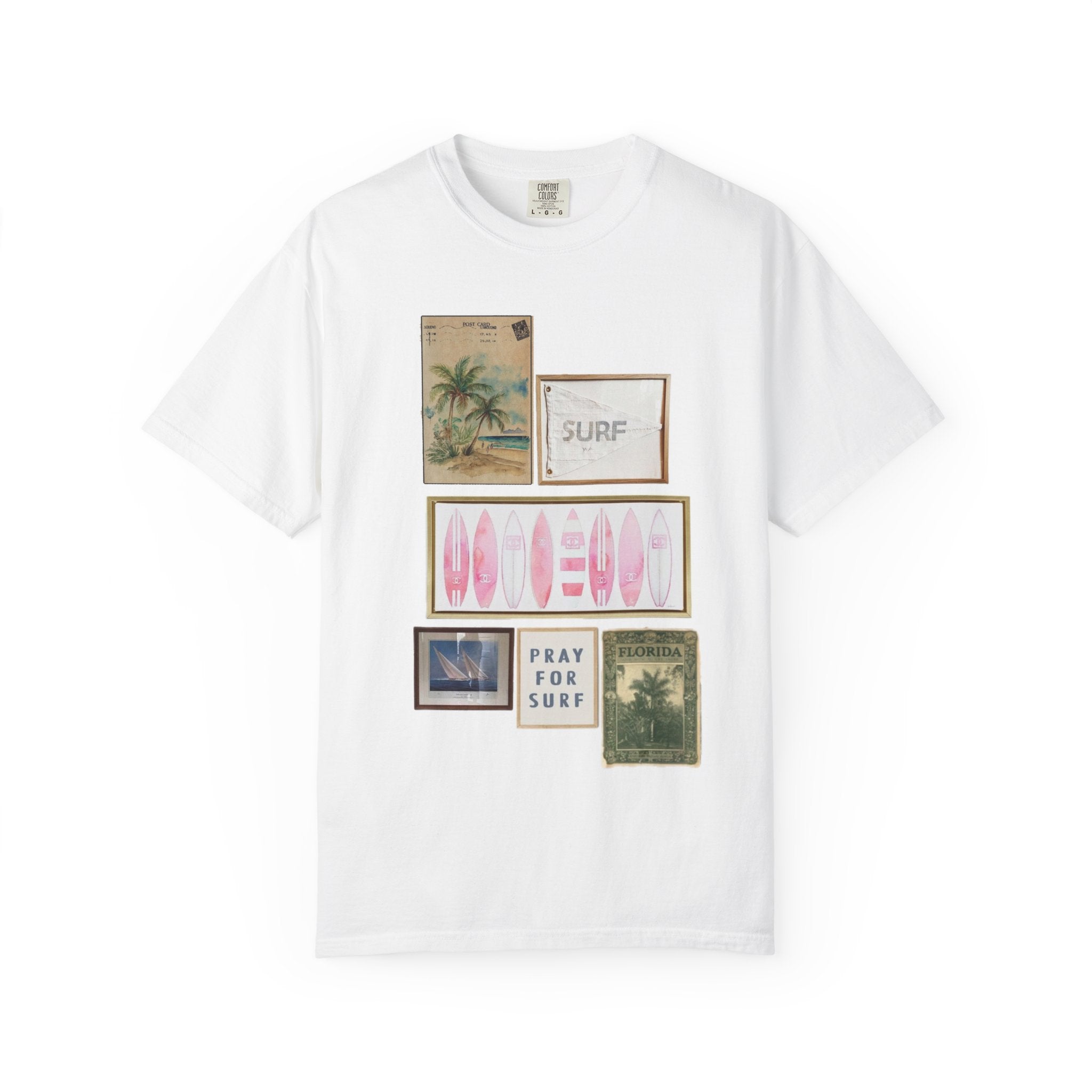 Pray For Surf Collage T-Shirt — Vintage Palm & 'Pray For Surf' Graphic Tee