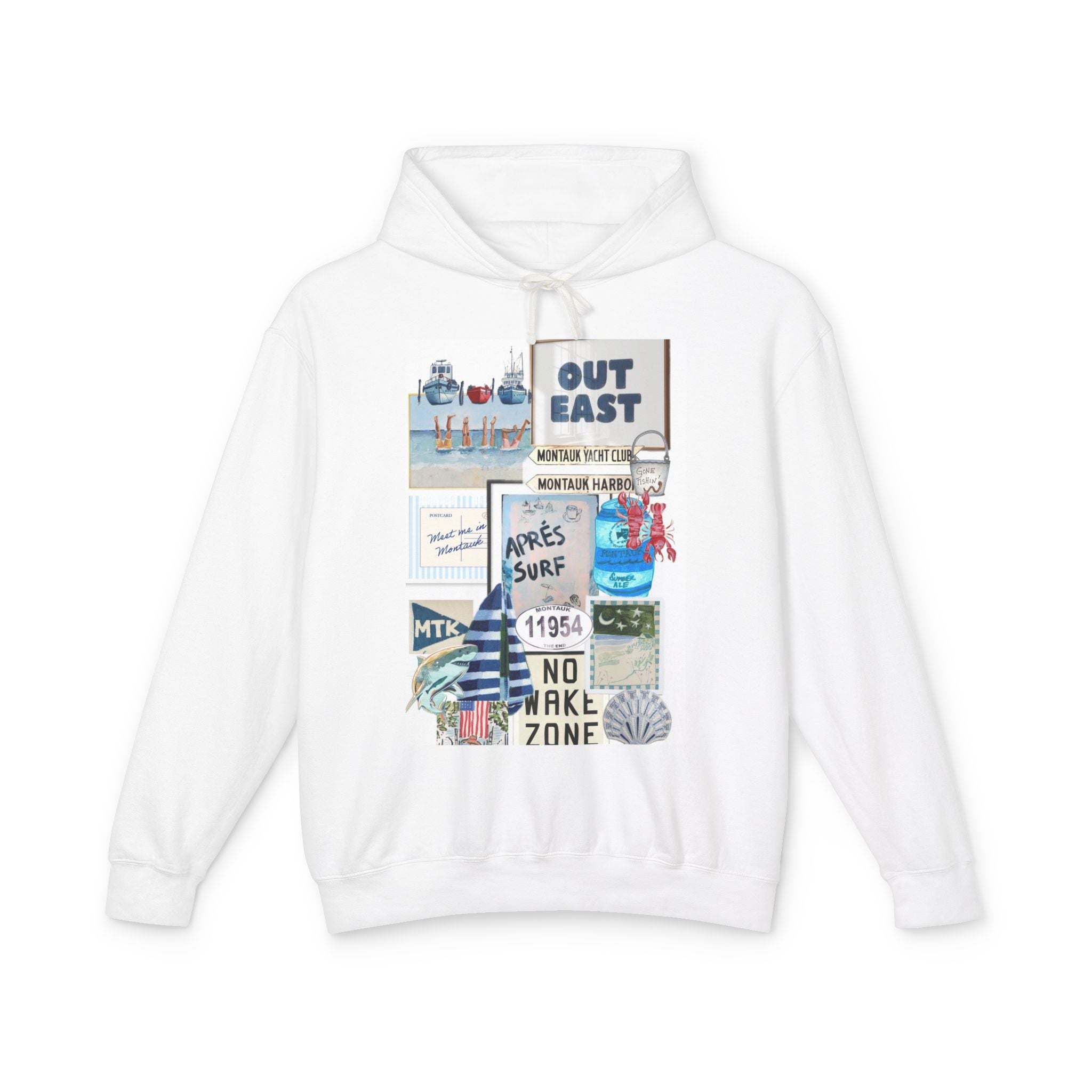 Coastal Collage Hoodie — 'Out East' Surf & No Wake Zone Graphic