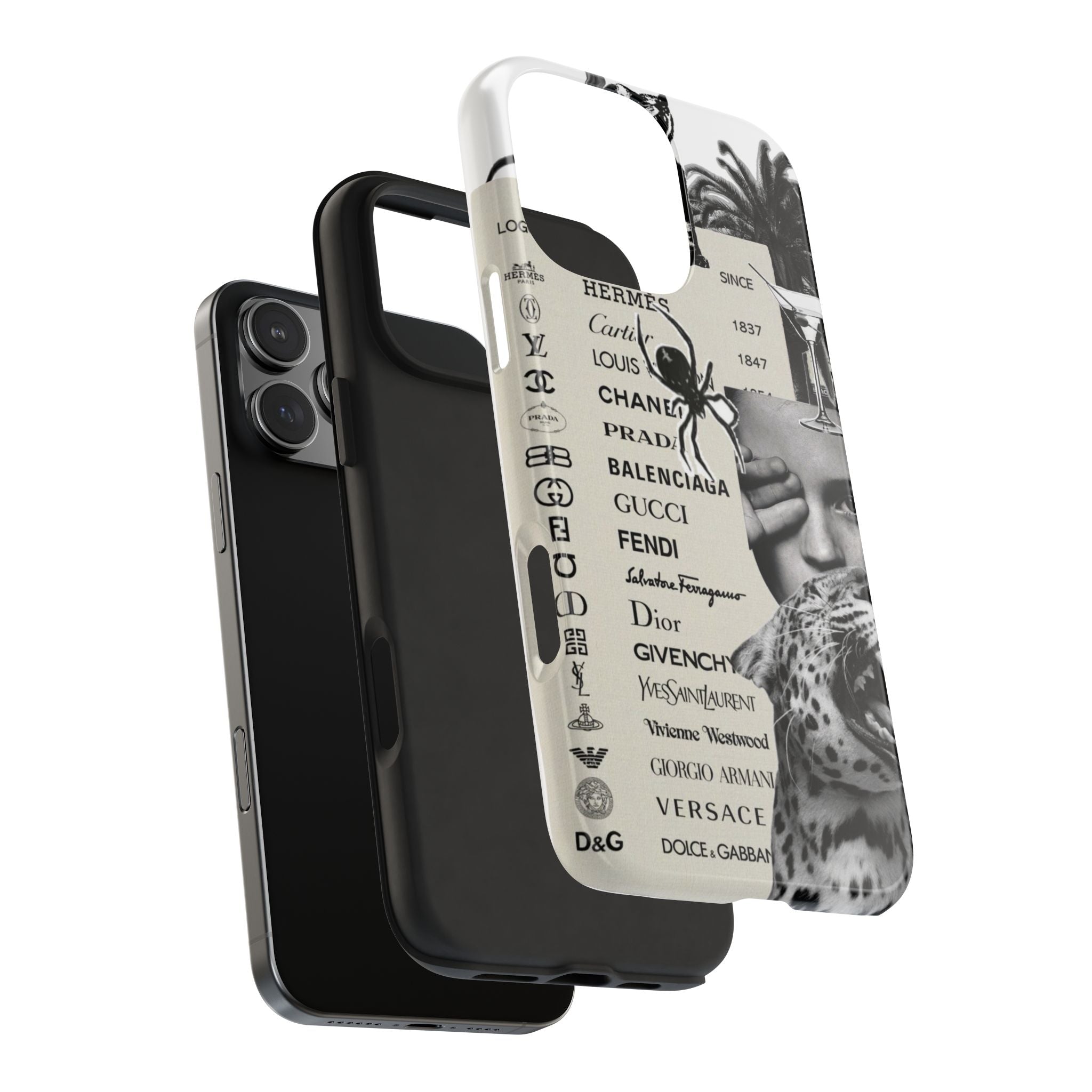 Designer Collage Tough Phone Case — Luxury Logos, Palm Trees & Leopard Art
