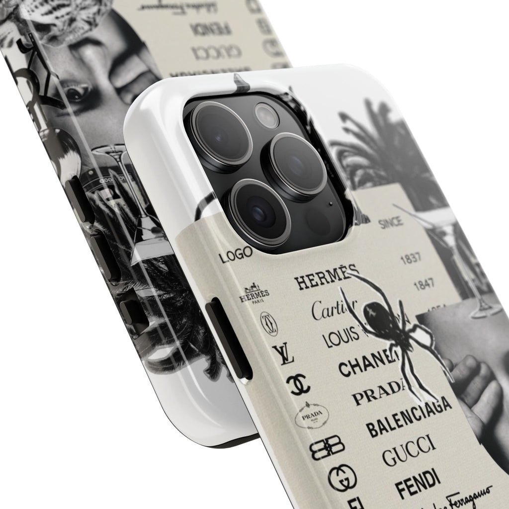 Designer Collage Tough Phone Case — Luxury Logos, Palm Trees & Leopard Art