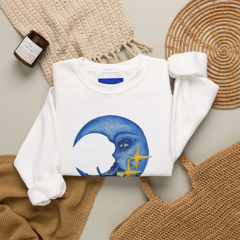Moon Eye Crewneck Sweatshirt — Surreal Blue Moon & Eye Graphic