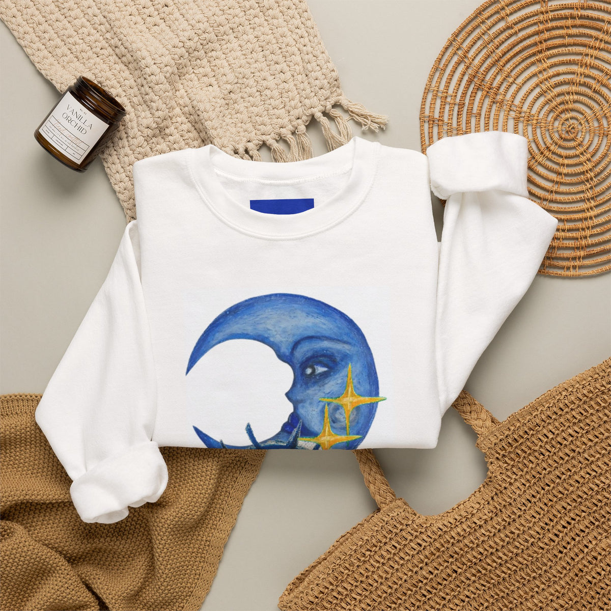 Moon Eye Crewneck Sweatshirt — Surreal Blue Moon & Eye Graphic