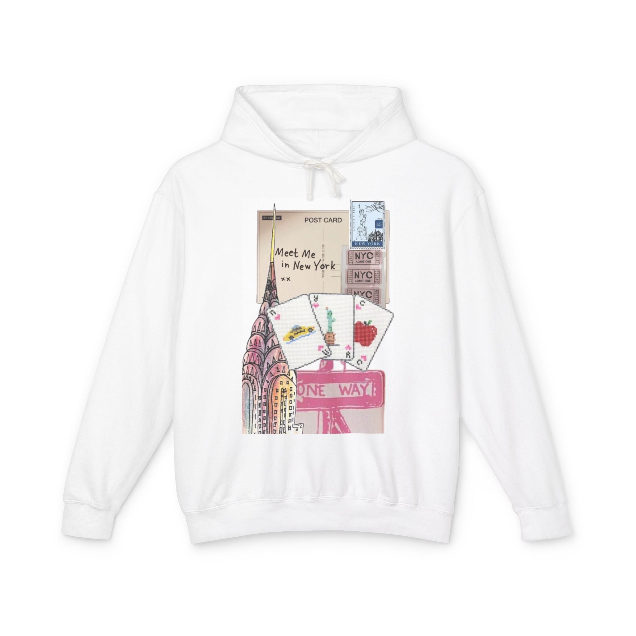 New York Postcard Collage Hoodie — "Meet Me in New York" Lightweight Pullover