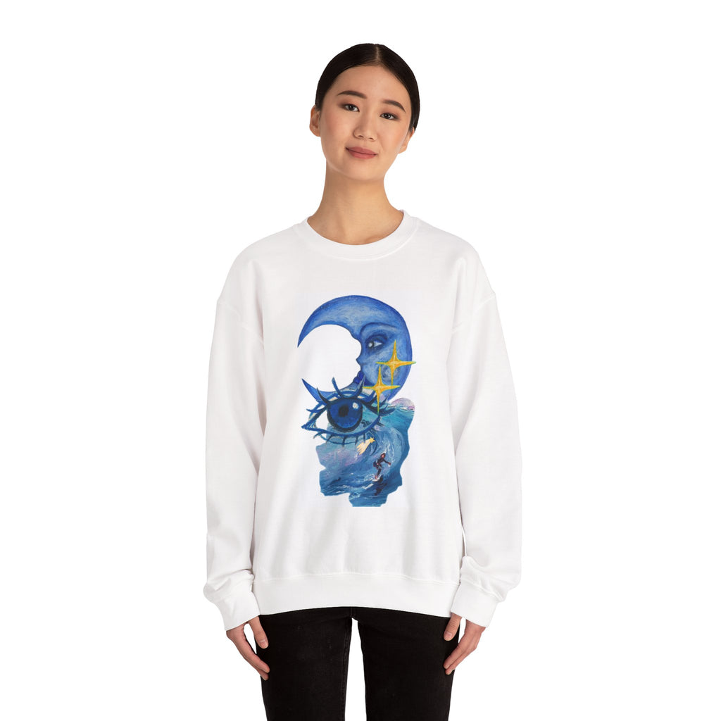 Moon Eye Crewneck Sweatshirt — Surreal Blue Moon & Eye Graphic