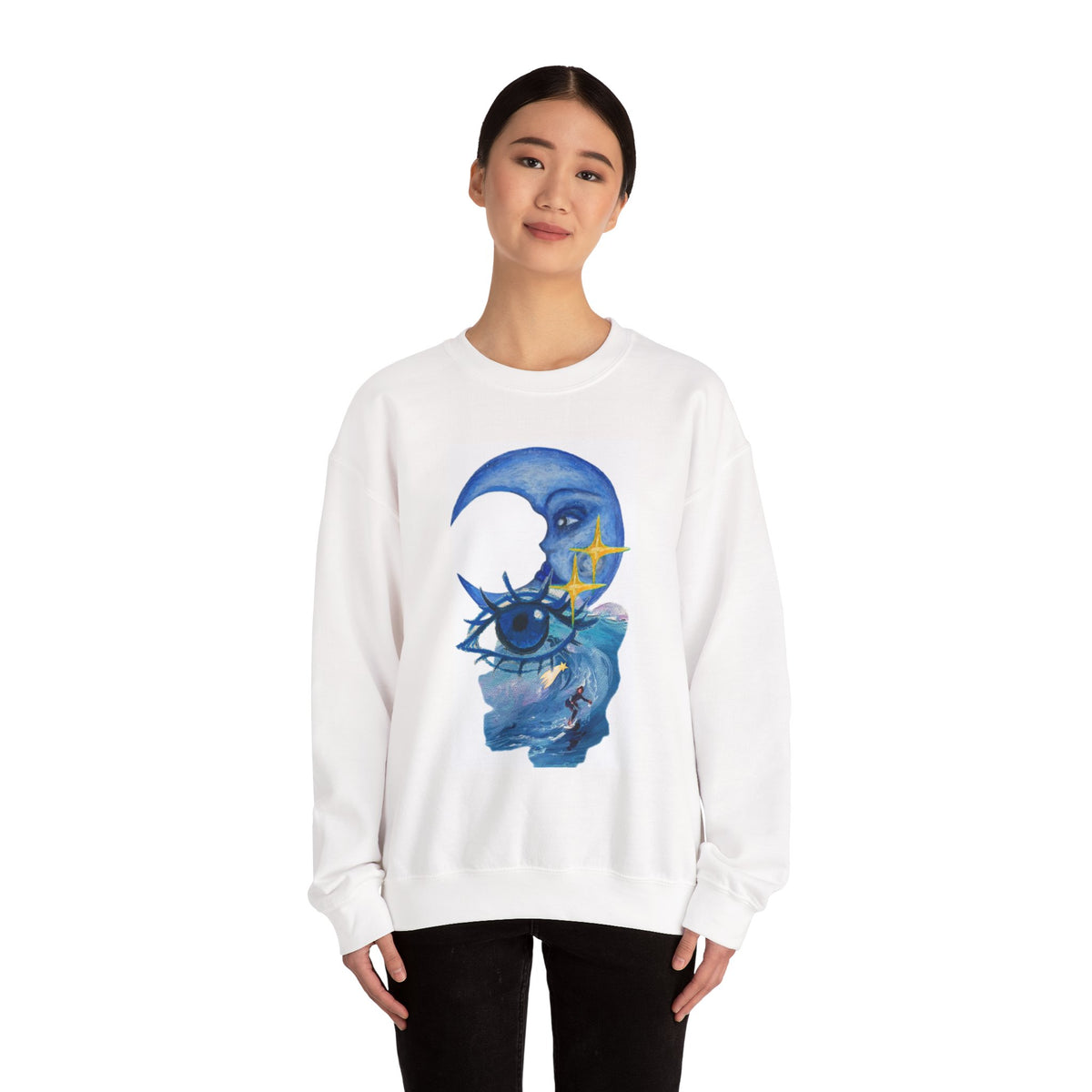 Moon Eye Crewneck Sweatshirt — Surreal Blue Moon & Eye Graphic
