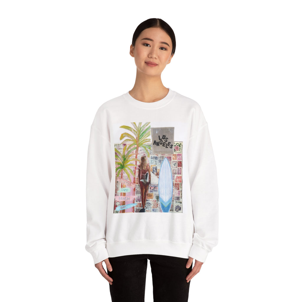 Los Angeles Surf Crewneck Sweatshirt — Palm Tree & Surfboard Graphic