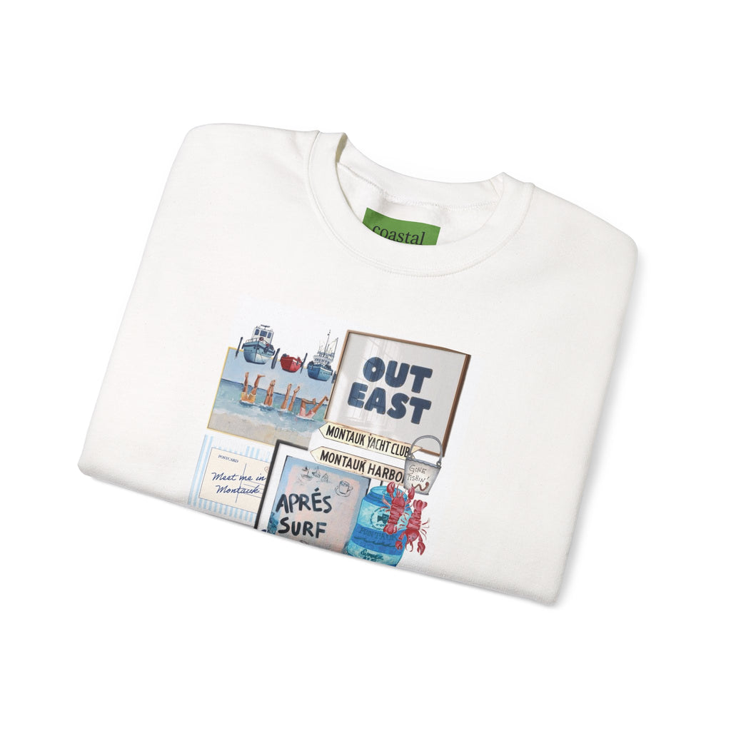 Coastal Collage Sweatshirt — "Out East" Beach Sign Graphic Crewneck